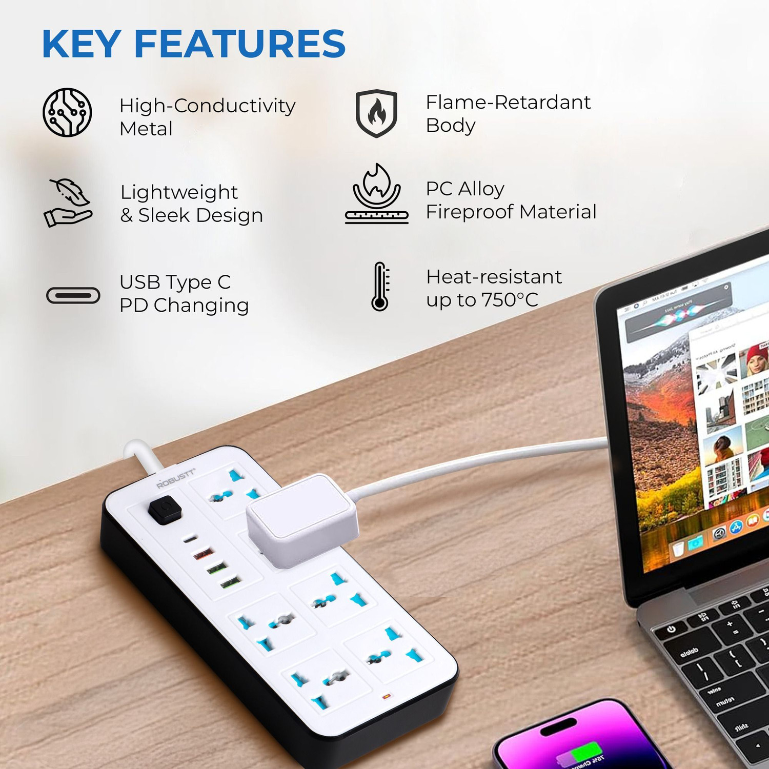 Image of Robustt 6 Outlet Extension Board with 4 USB Ports | On / Off Switch | 2500W Multi Plug 6 Socket Extension Boards