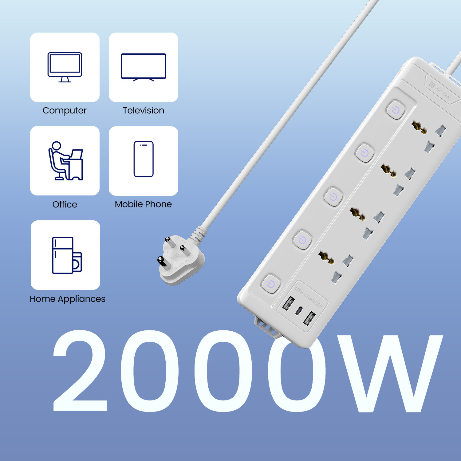 Image of Portronics Power Plate 19 Multi Plug, 4 Sockets, 20W Type-C, 2 USB Ports, 3m Cord 4 Socket Extension Boards