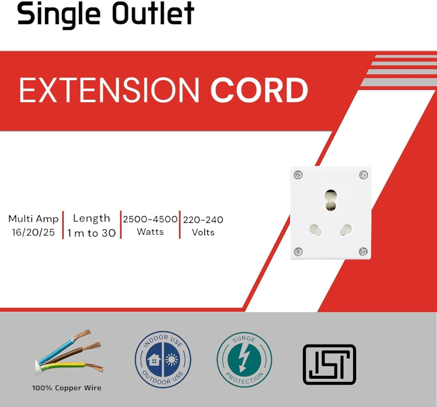 Image of JELECTRICALS Plug 16Amp Single Socket 2000 Watt 30 Meter 1 Socket Extension Boards