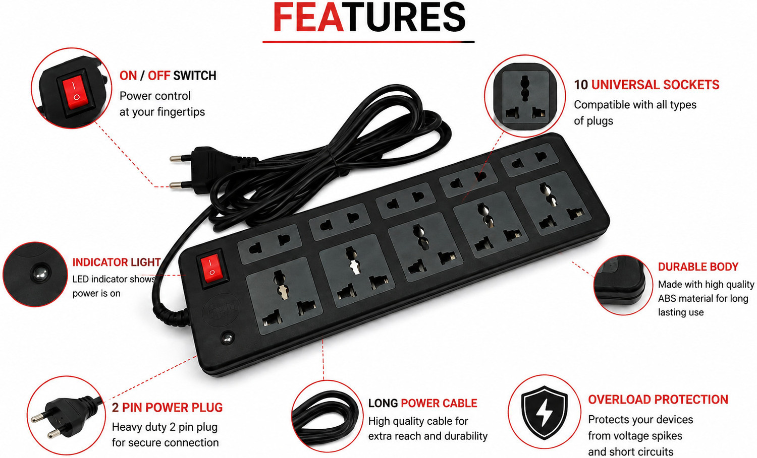 Image of Alpha groups 5+5 Socket Extension Board 10 Socket Power Strip with ON /OFF 10 Socket Extension Boards (Multicolor, 3 m)