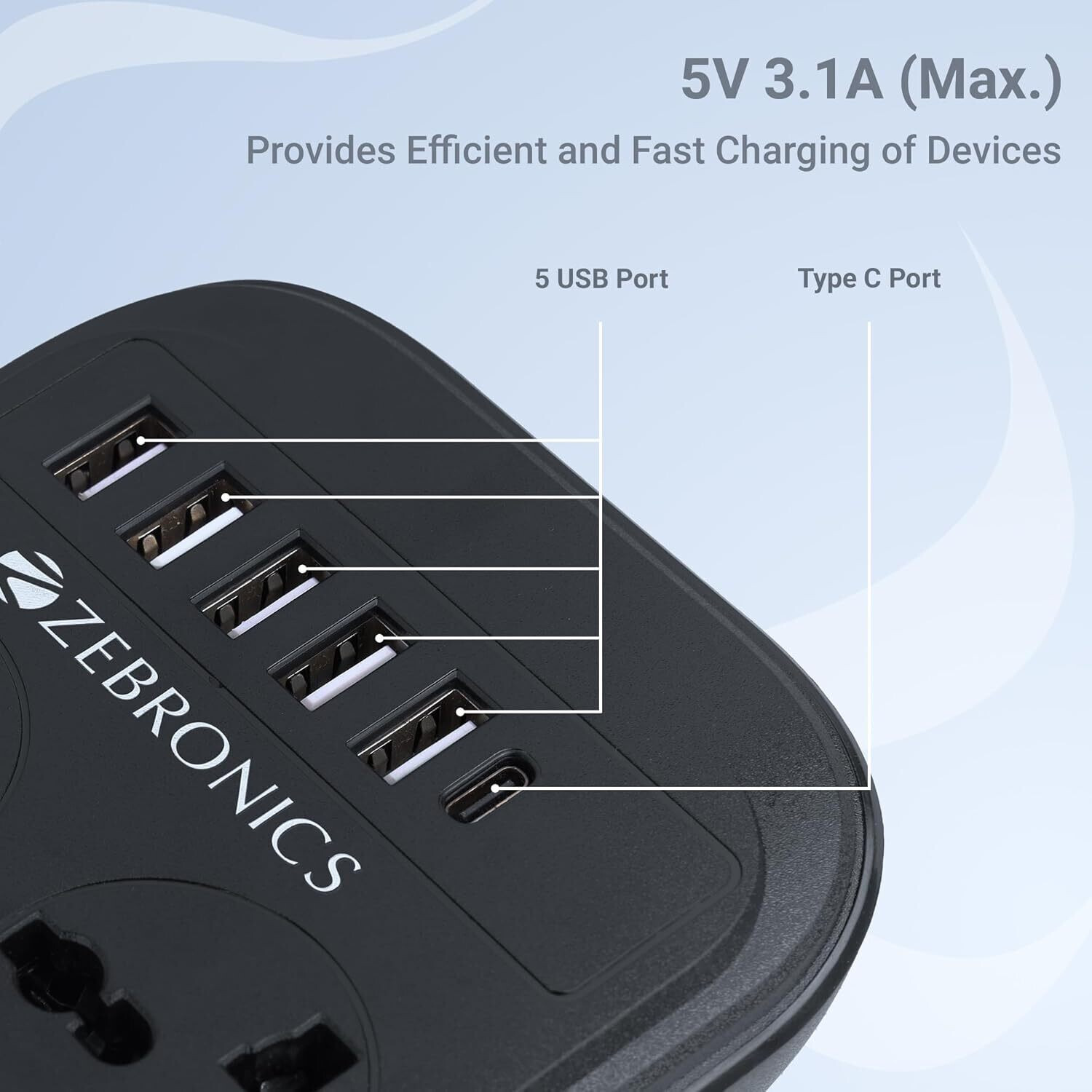 Image of ZEBRONICS Power Bar 282, 2500 W, 10 Amps, LED Indicator, 1 Type C Port, 5 USB Ports and 8 Socket Extension Boards (Black, 2 m, With USB Port)