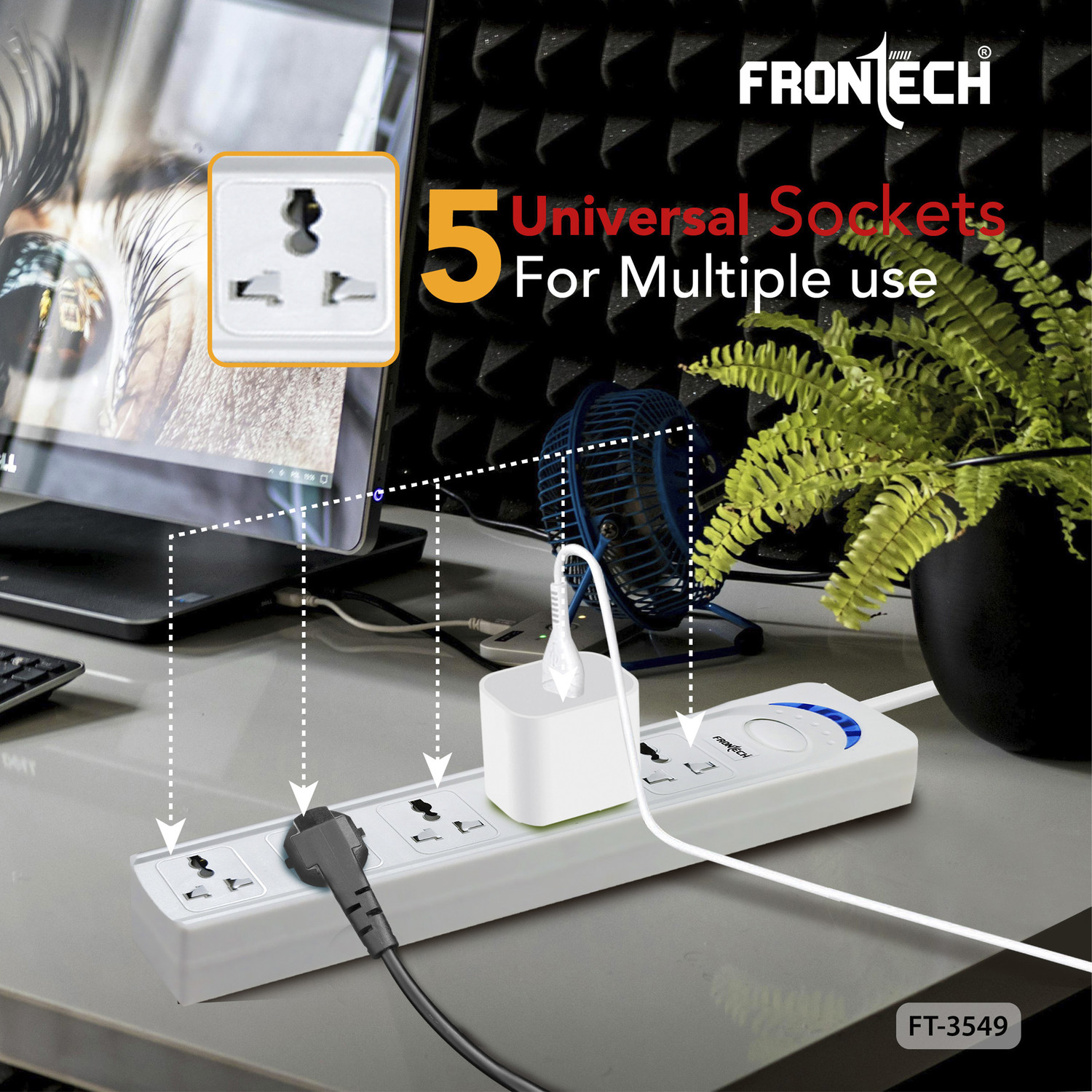 Image of Frontech 5-Outlet Power Strip with 5M Long Cable | 2500W Max Output | Wall Mount 5 Socket Extension Boards