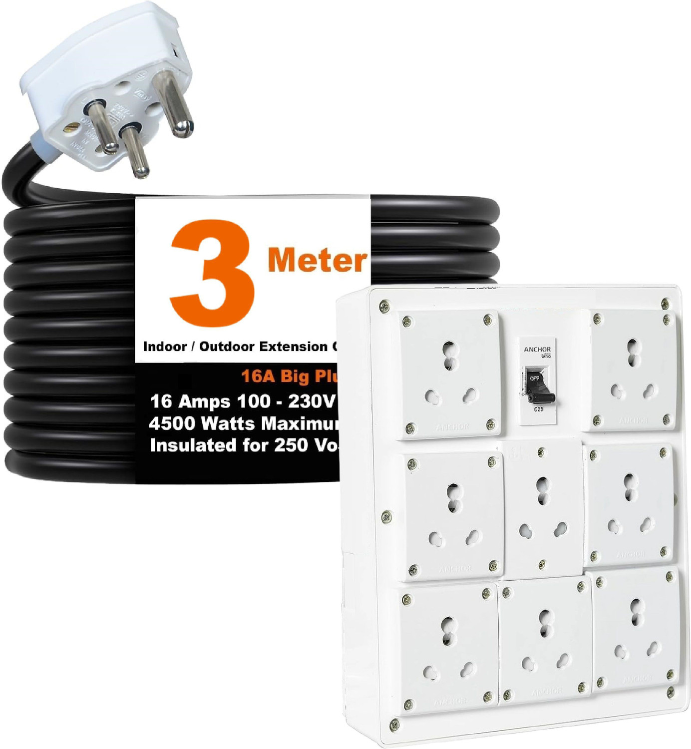 Image of JELECTRICALS 6A /16A Universal Socket, 2.5mm 3-Core Heavy Duty Extension Board 8 Socket Extension Boards