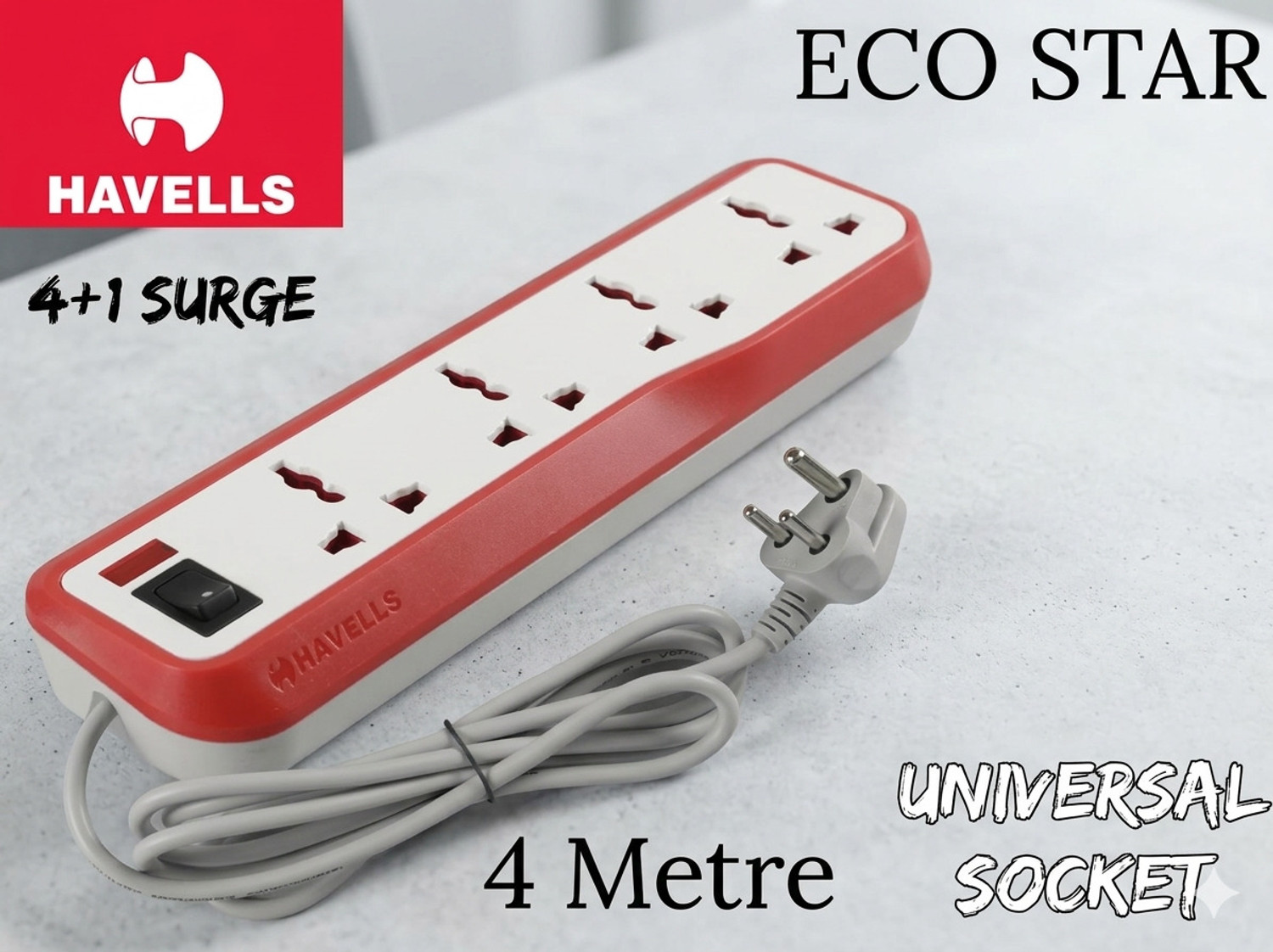Image of HAVELLS EcoStar 10 Amp 4 Socket Spike Guard ! 4+1 Switch ! Indicator ! Extension Boards 4 Socket Extension Boards (Red, White, 4 m)