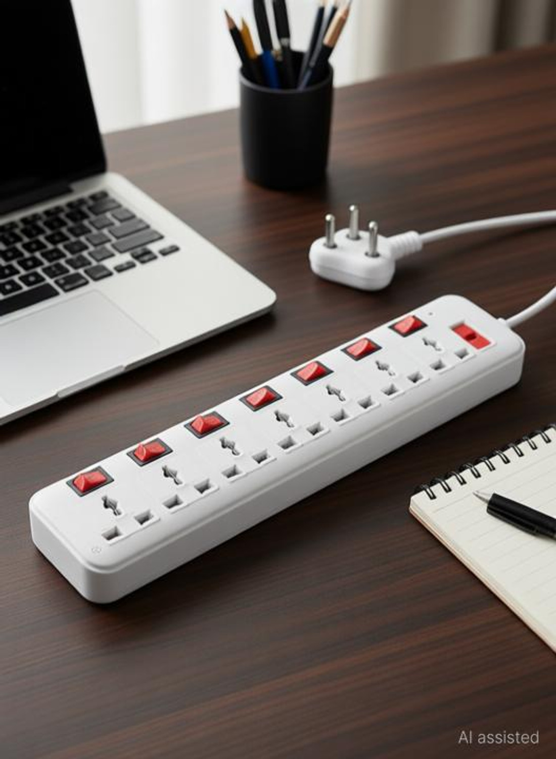 Image of Leavess ABS 7 SOCKET + 7 SWITCH EXTENSION BOARD WITH 3MTR WIRE WITH FUSE 7 Socket Extension Boards