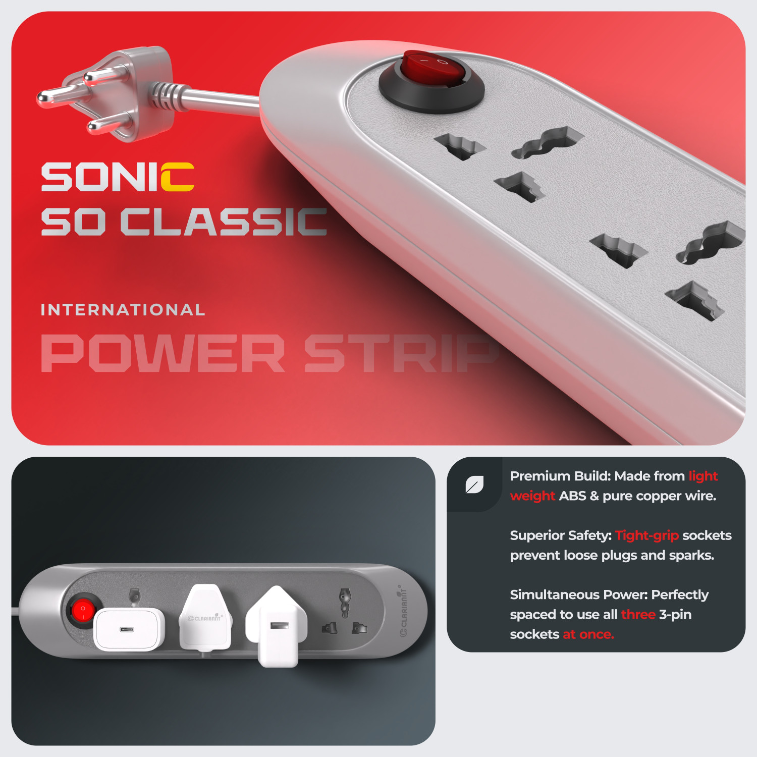 Image of CLARIANNT Sonic 15 Foot 4-Socket Extension Board - 6A 240V with Wall Hanging 4 Socket Extension Boards
