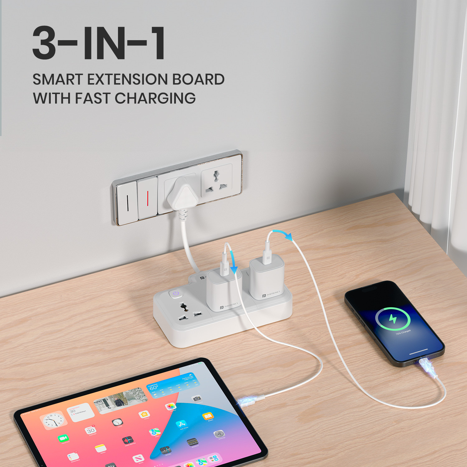Image of Portronics Power Plate Nano, 3-in-1 Power Extender with Individual Switches & Flexible Cord 3 Socket Extension Boards
