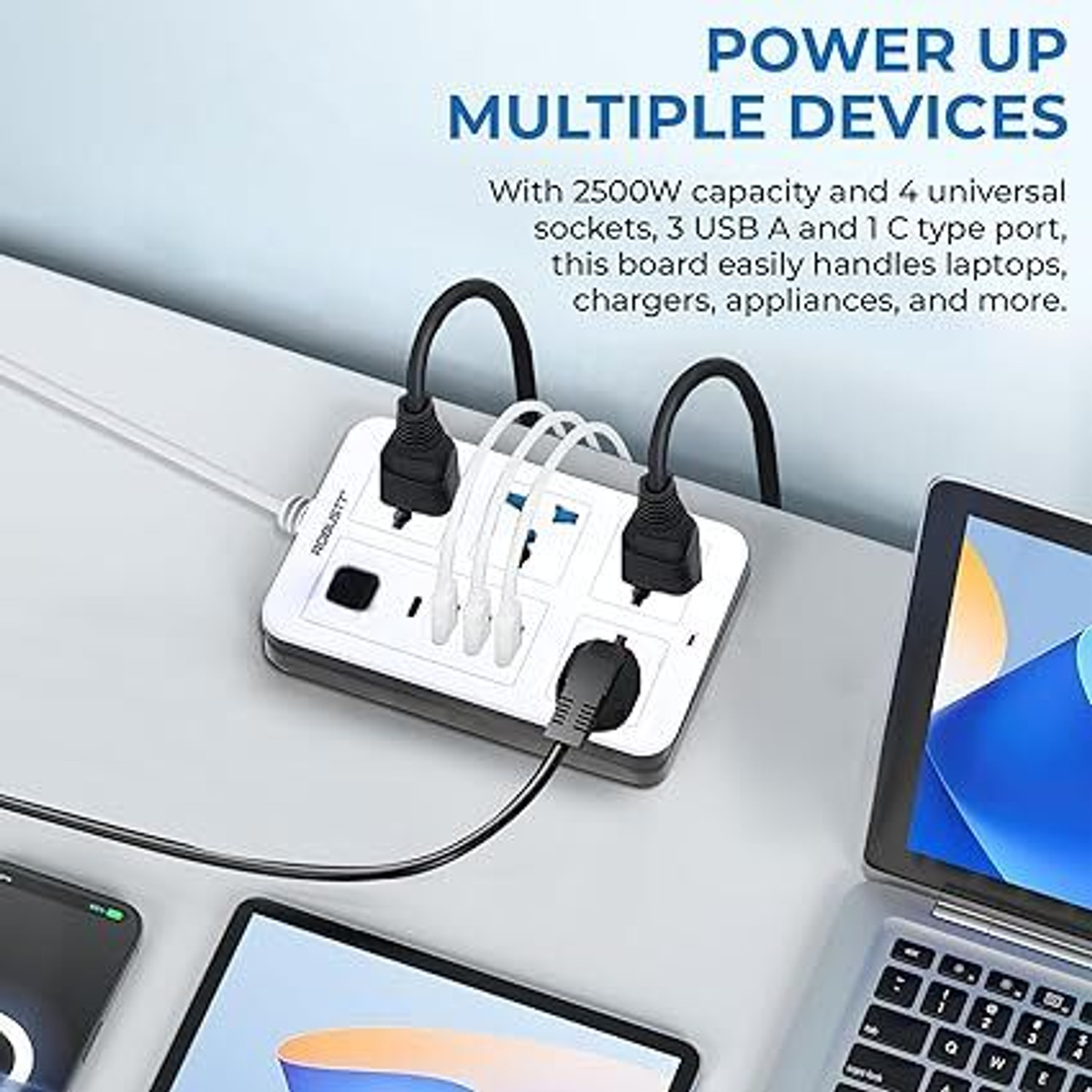 Image of Robustt 4 Outlet Extension Board with 4 USB Ports | On / Off Switch | 2500W Multi Plug 4 Socket Extension Boards