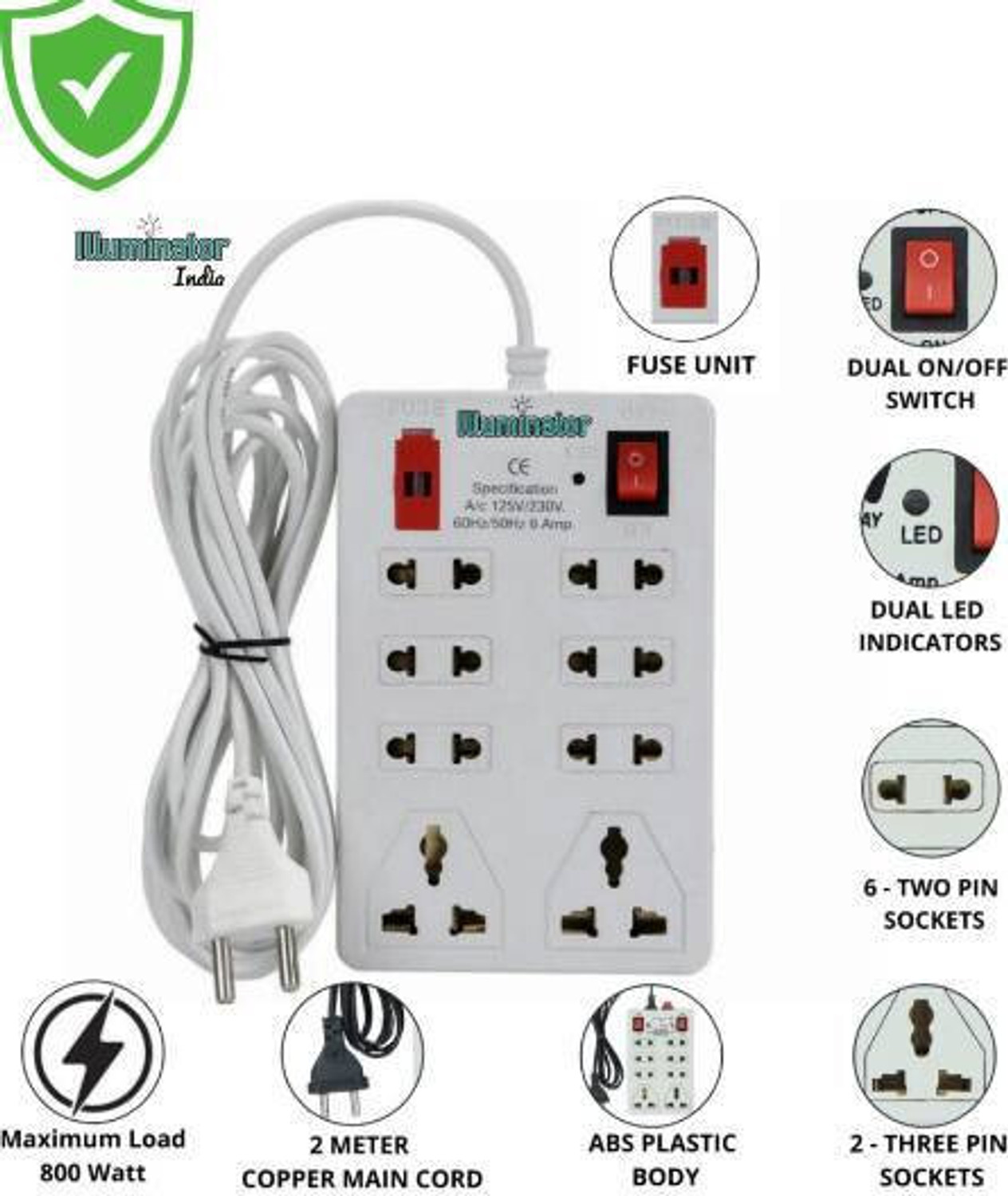 Image of GLUCKLICH se20 8+1 Extension Board with 2m Long Wire & Universal Fit 8 Socket (white,2m) 8 Socket Extension Boards