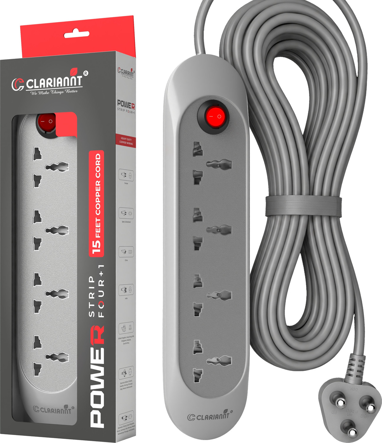 Image of CLARIANNT Sonic 15 Foot 4-Socket Extension Board - 6A 240V with Wall Hanging 4 Socket Extension Boards