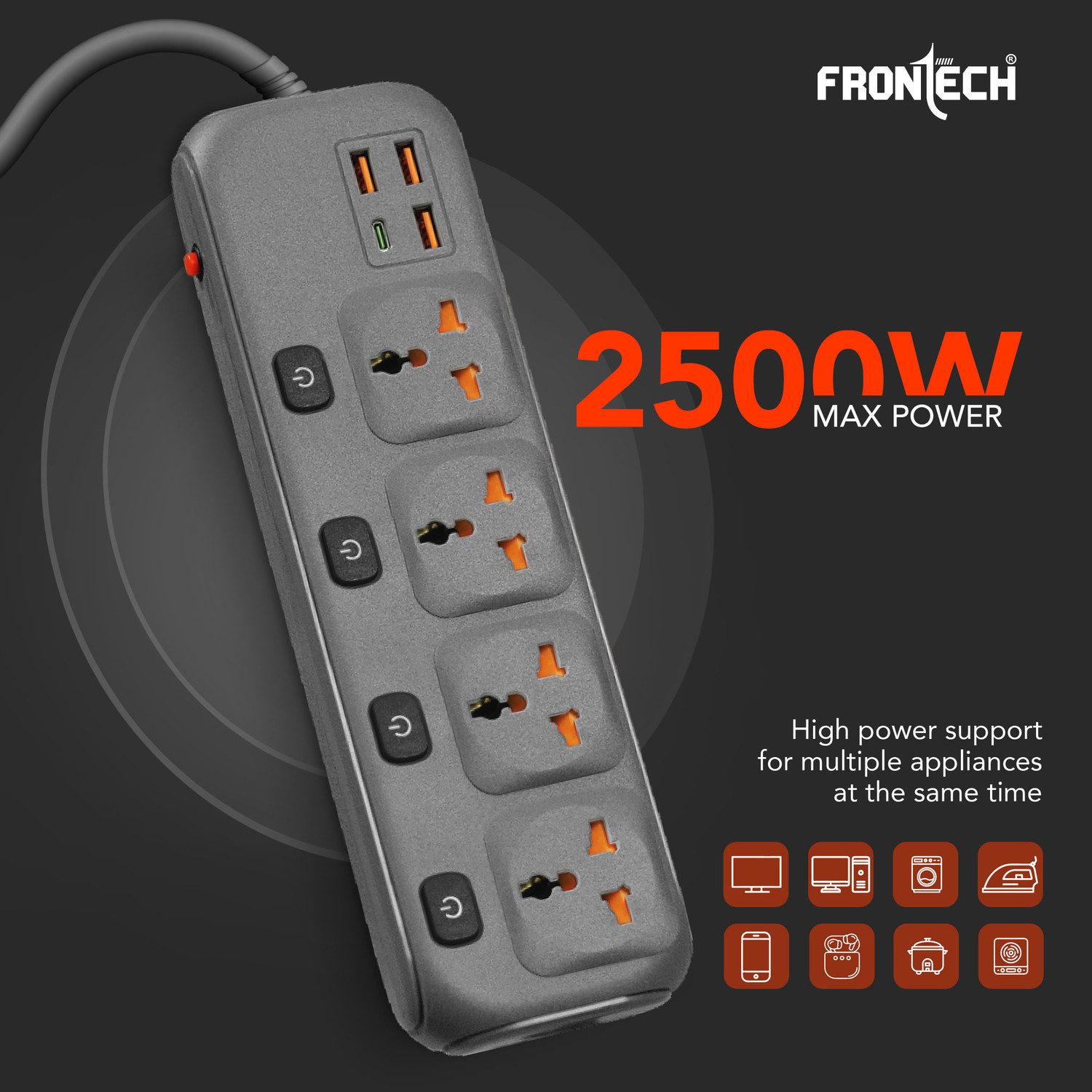 Image of Frontech Power Extension Socket | 2500W | Universal Sockets |3 USB-A + 1 USB-C Ports | 4 Socket Extension Boards