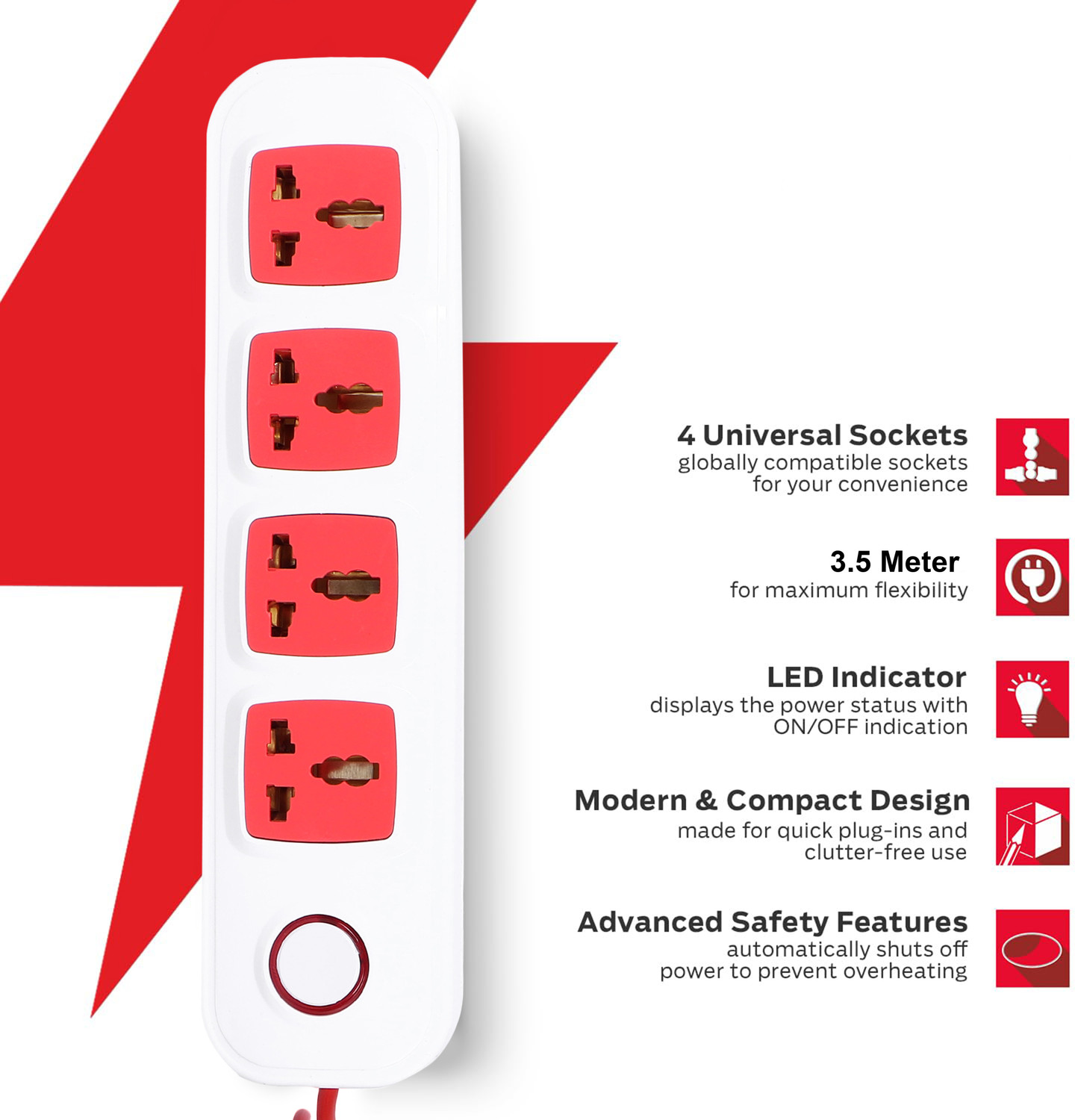 Image of REVOL 4 Socket Extension Board with Universal Switch and 3.5 Meter Long Wire 4 Socket Extension Boards