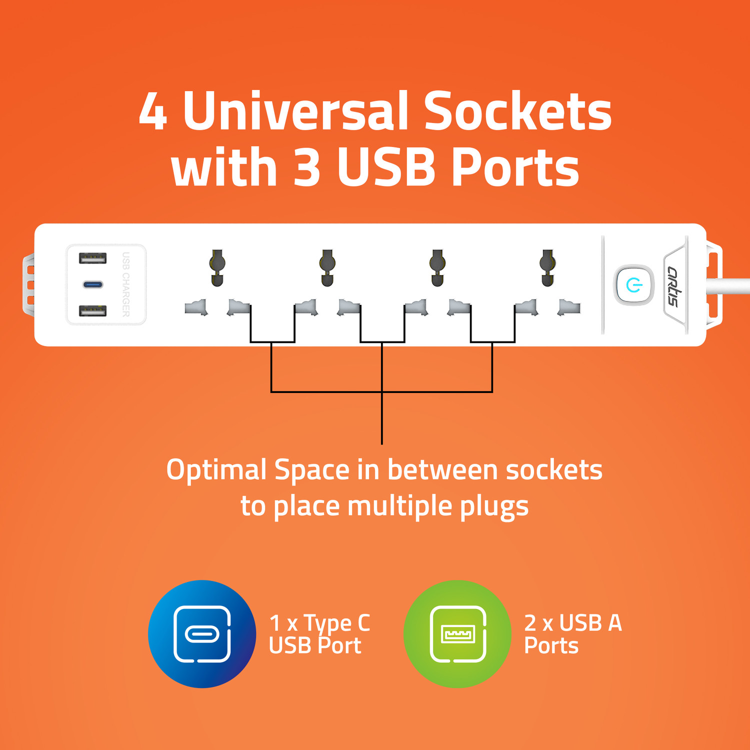 Image of artis AR-4SS-USB 4 Universal Sockets with 2 USB-A & USB-C Port with Single Switch 4 Socket Extension Boards
