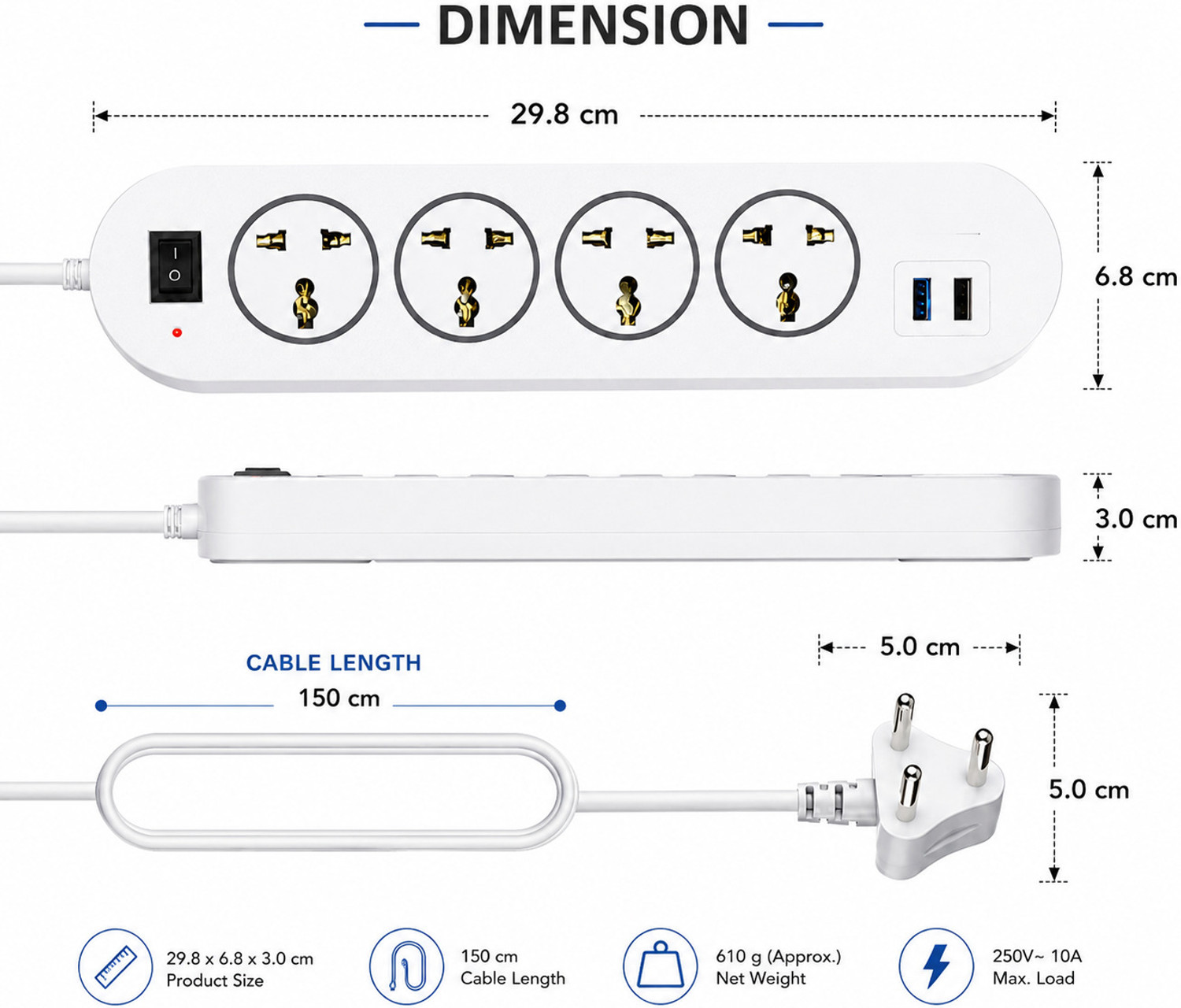 Image of BEBLOOM 1500W Heavy Duty Spike Guard with 2 USB Charging Ports for Daily Use 4 Socket Extension Boards