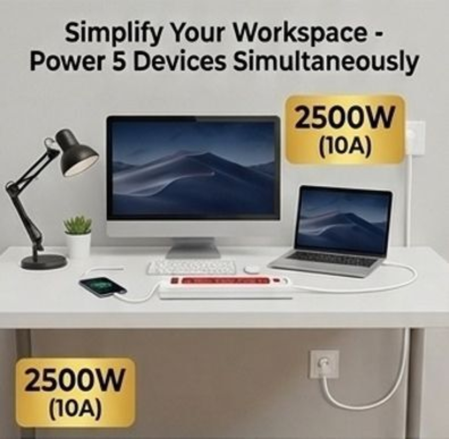 Image of PINNACLE 5 Socket, 2500W 10A, 2 Metre Heavy Duty Copper Wire Cord, Surge protector 5 Socket Extension Boards (Red, White, 2 m)