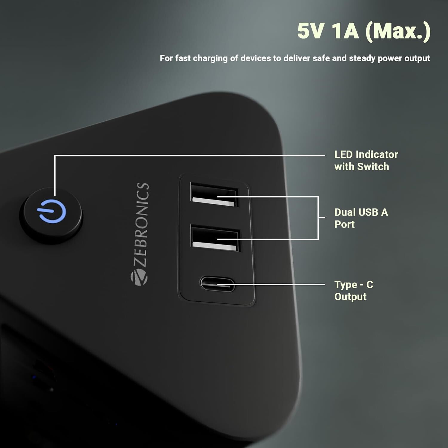 Image of ZEBRONICS Power Block 385, 2500 W, 10 Amps, Digital Counter, 1 Type C Port, 2 USB Ports & 8 Socket Extension Boards