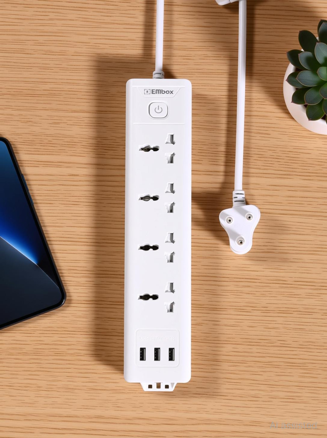 Image of EMBox Power Extension Cord with Master Switche 3 USB Ports 4 Socket Extension Boards
