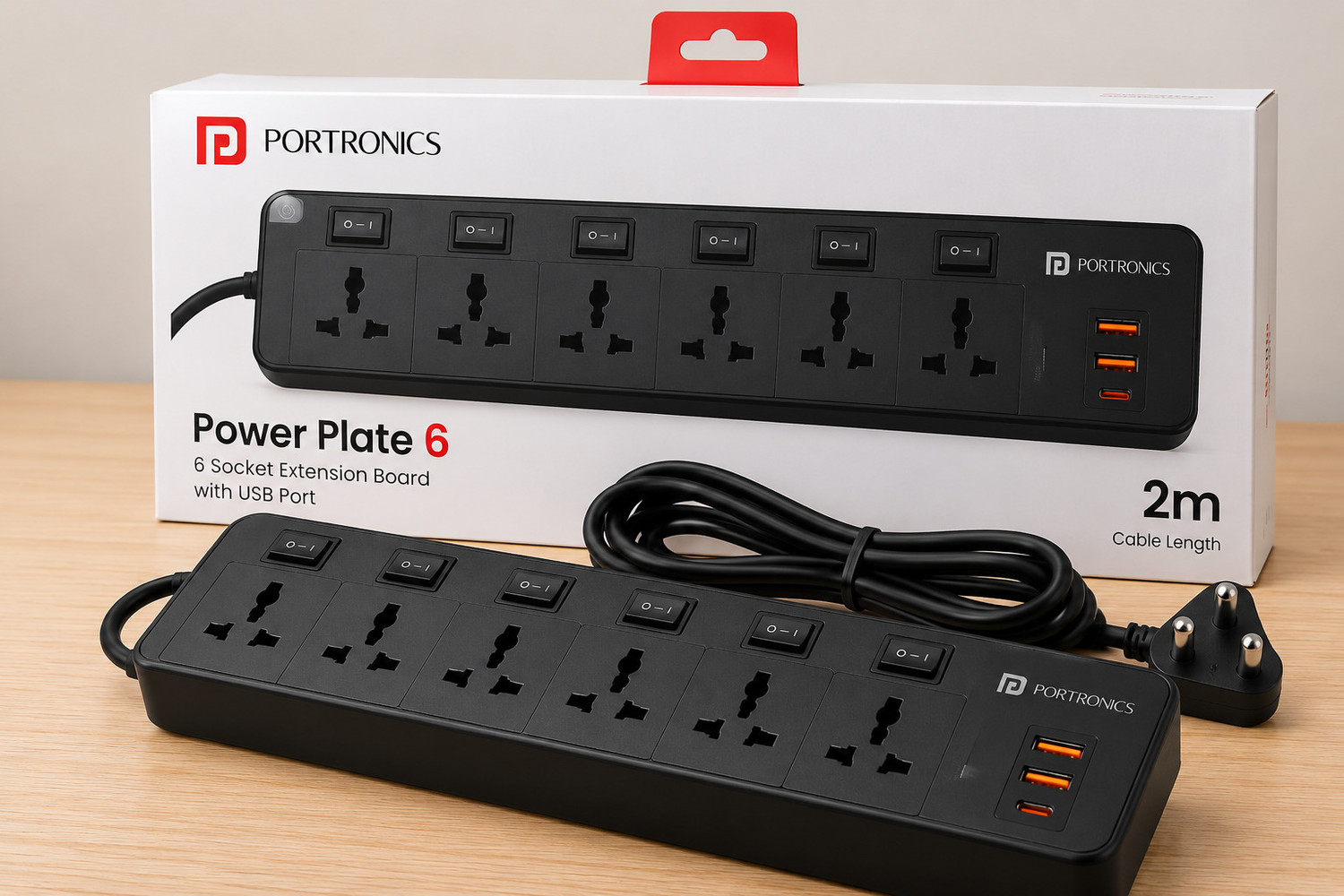 Image of Portronics POR 3440 6 Socket Extension Boards (Black, 2 m, With USB Port)