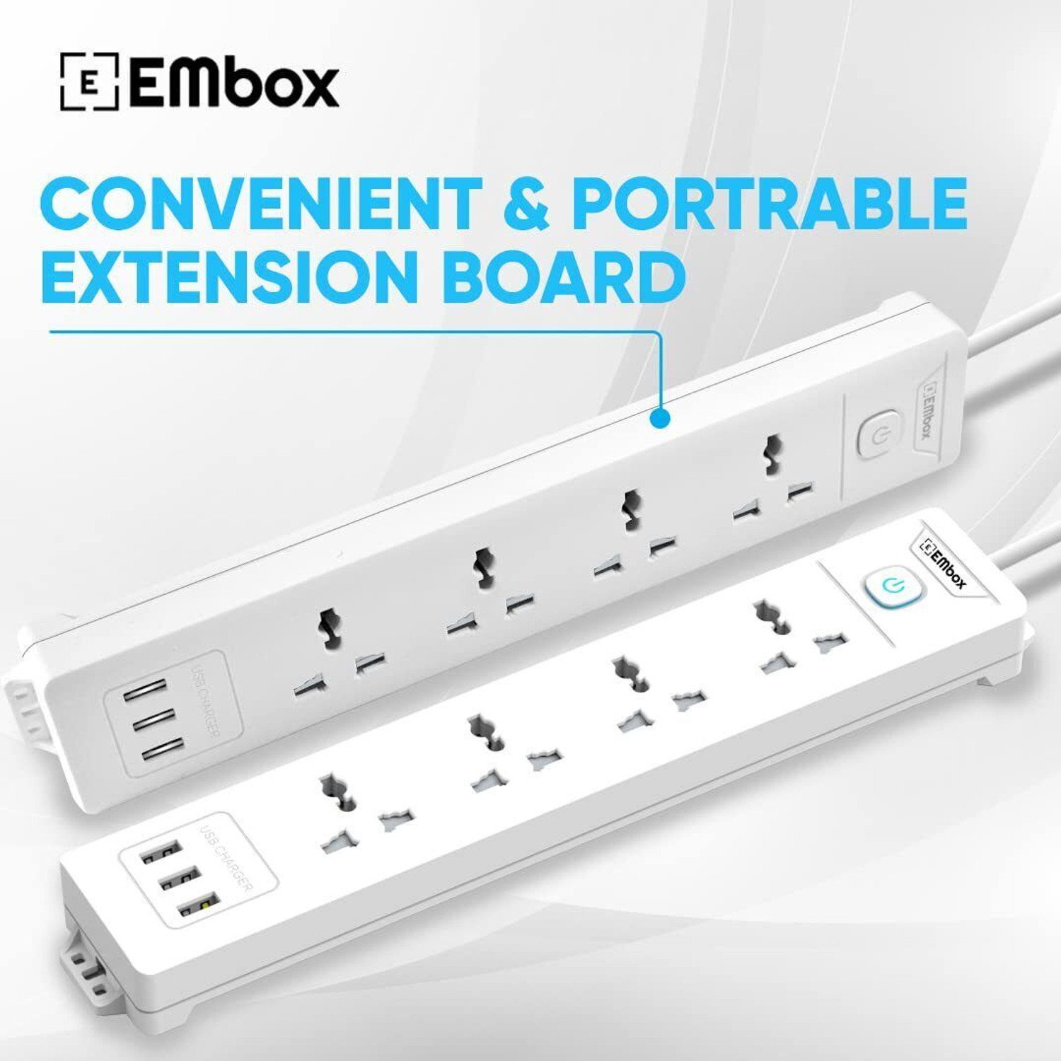 Image of EMBox Power Extension Cord with Master Switche 3 USB Ports 4 Socket Extension Boards