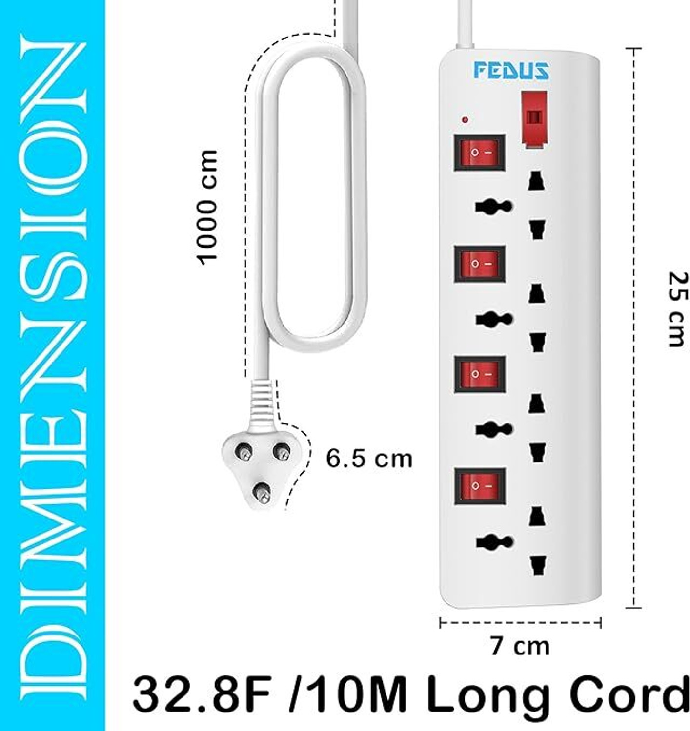 Image of Fedus Extension Boards with Switch Long Wire Surge Protectors Spike Buster 4 Socket Extension Boards