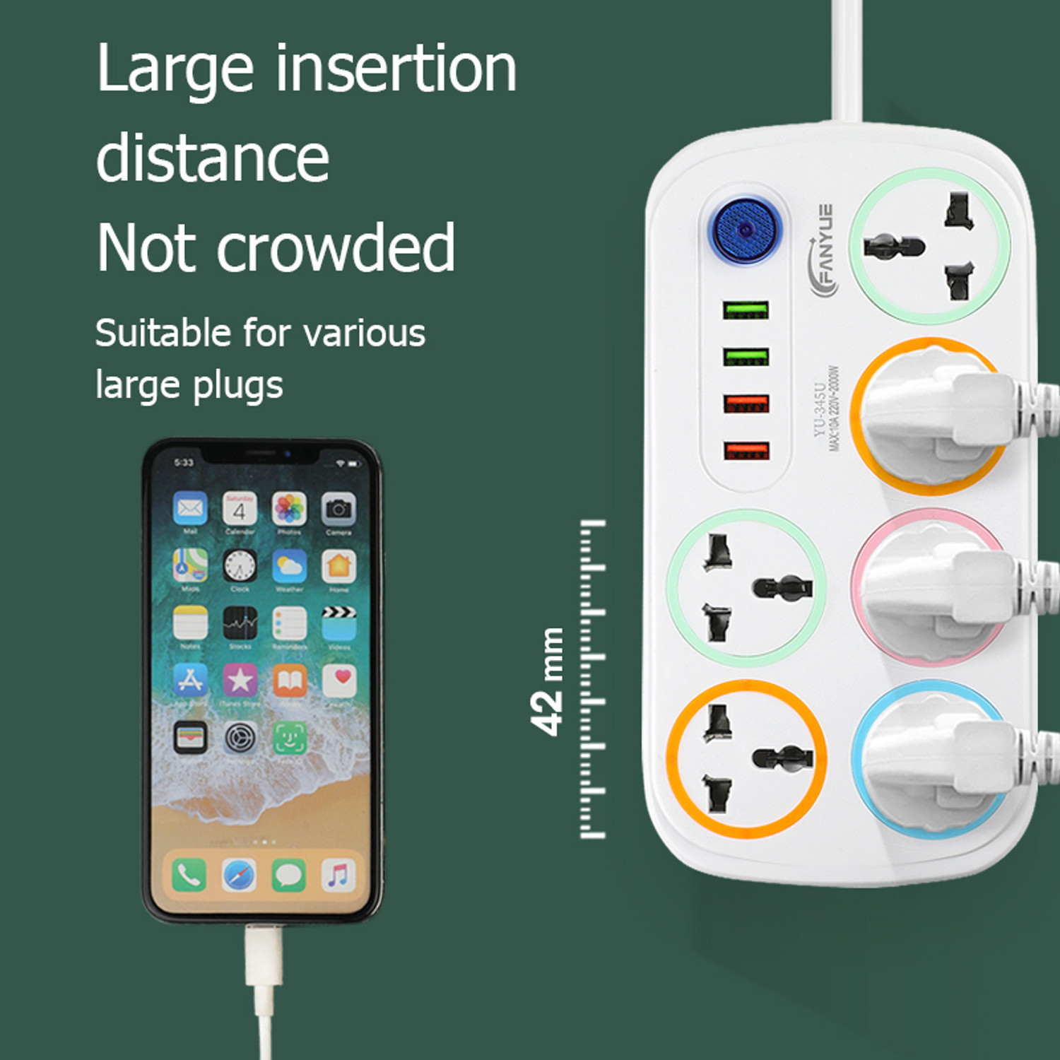 Image of FERVIK Power Plate 2500W 4+6 Socket Extension Boards (White, 2m, 4USB Port) 6 Socket Extension Boards