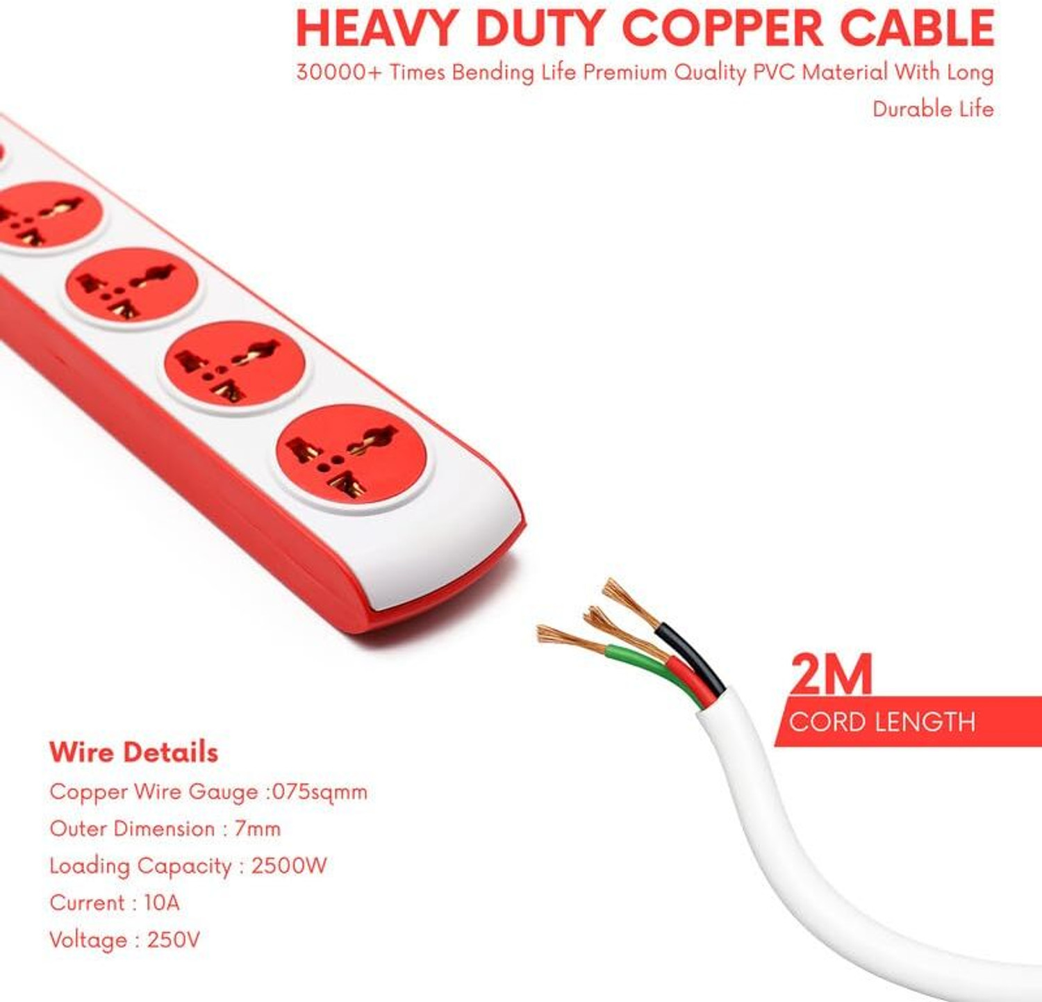 Image of DigiPrints Heavy-Duty 4-Way Extension Board with Surge Protection & Sockets (Red & White) 4 Socket Extension Boards