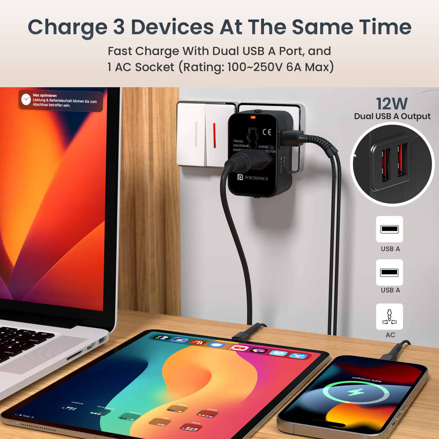 Image of Portronics Juicemate 2 Pro International Travel Adapter, 12W Dual USB-A, Fuse Protection 1 Socket Extension Boards (Black, 0 m, With USB Port)
