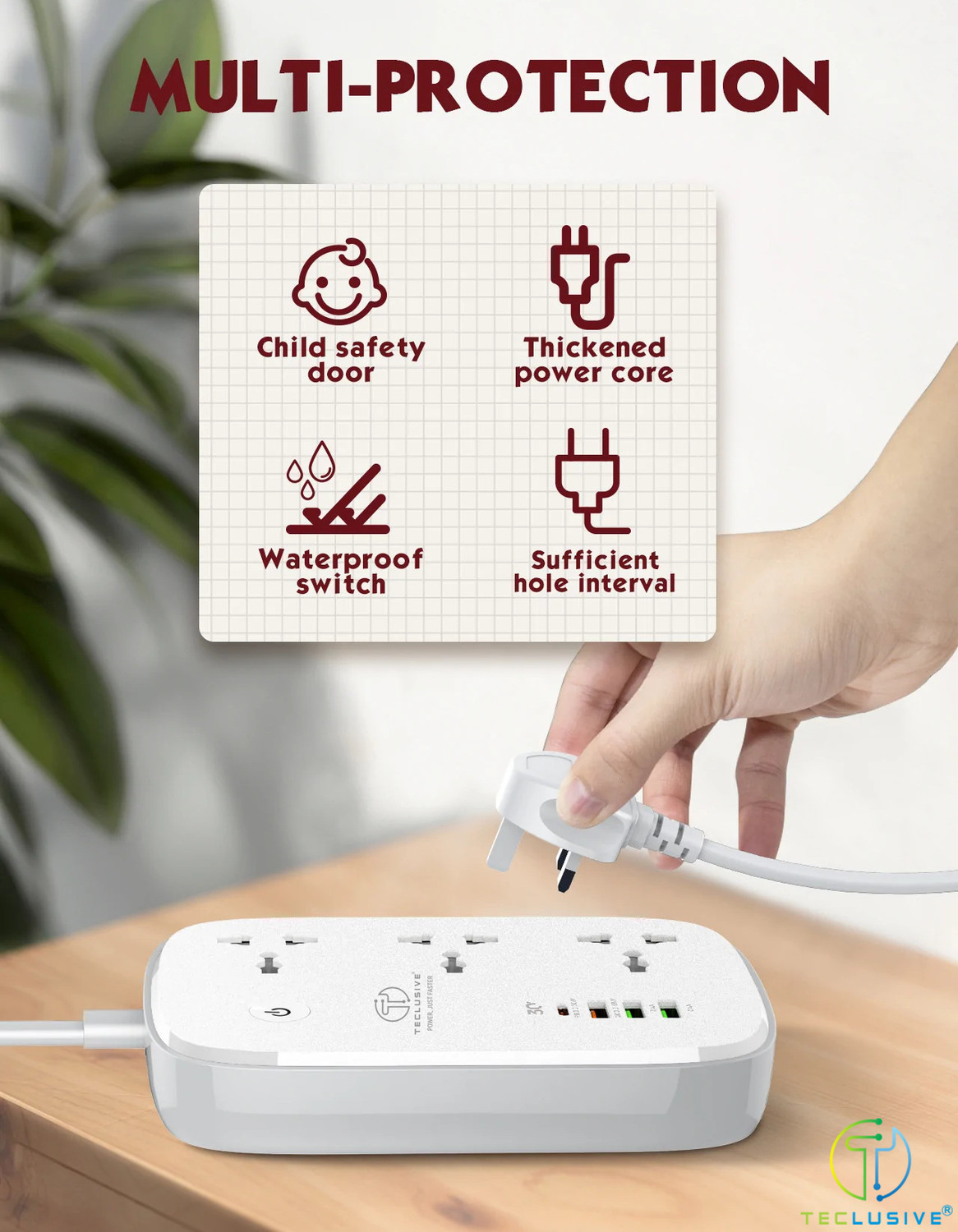 Image of TECLUSIVE Smart Wifi Extension Power Strip with Type C USB Ports 30W 3 Socket Extension Boards