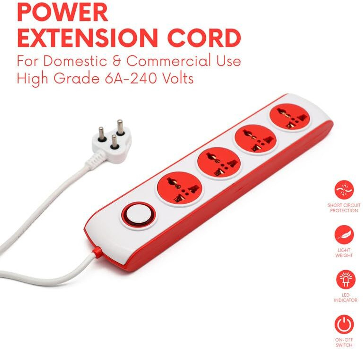 Image of DigiPrints Heavy-Duty 4-Way Extension Board with Surge Protection & Sockets (Red & White) 4 Socket Extension Boards
