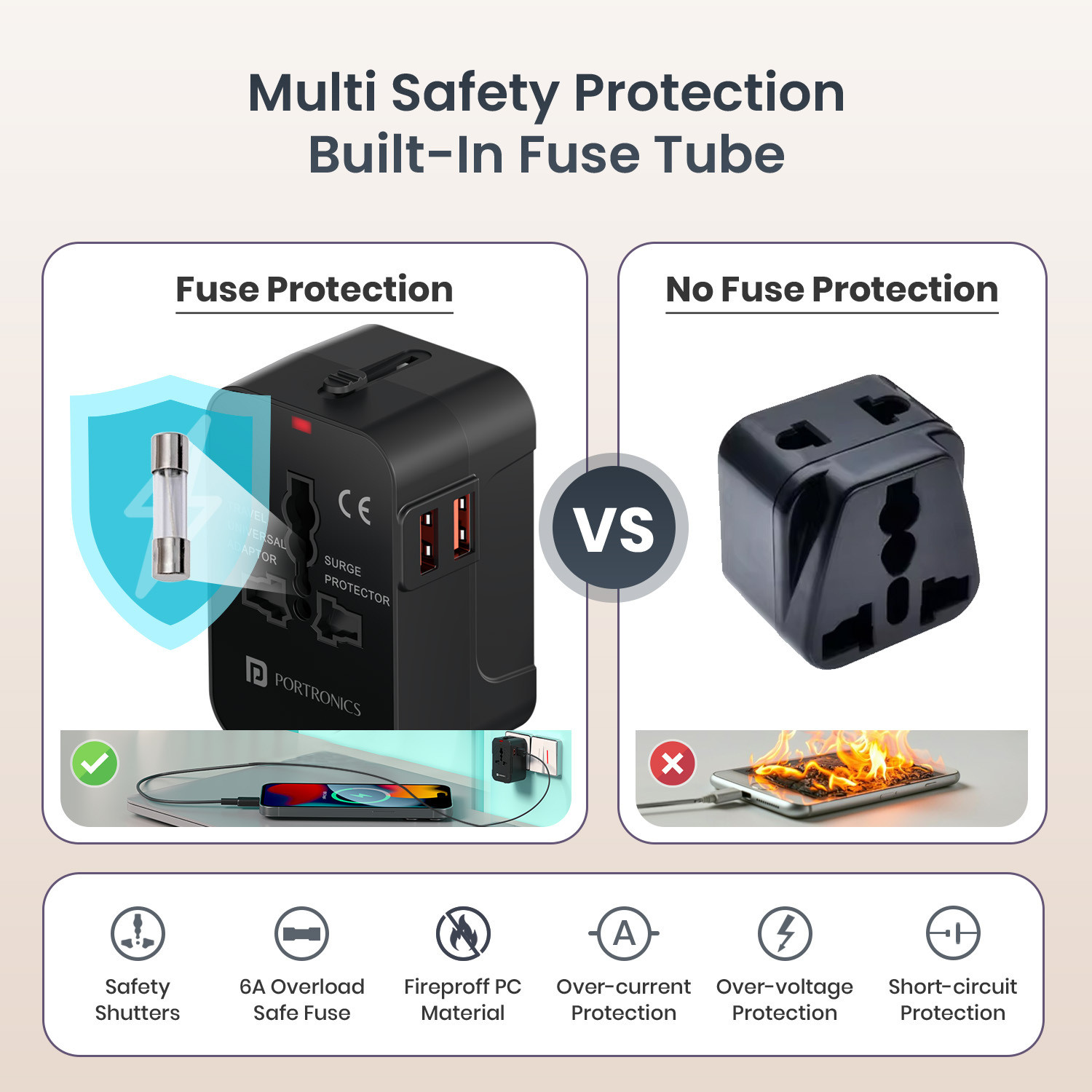 Image of Portronics Juicemate 2 Pro International Travel Adapter, 12W Dual USB-A, Fuse Protection 1 Socket Extension Boards (Black, 0 m, With USB Port)