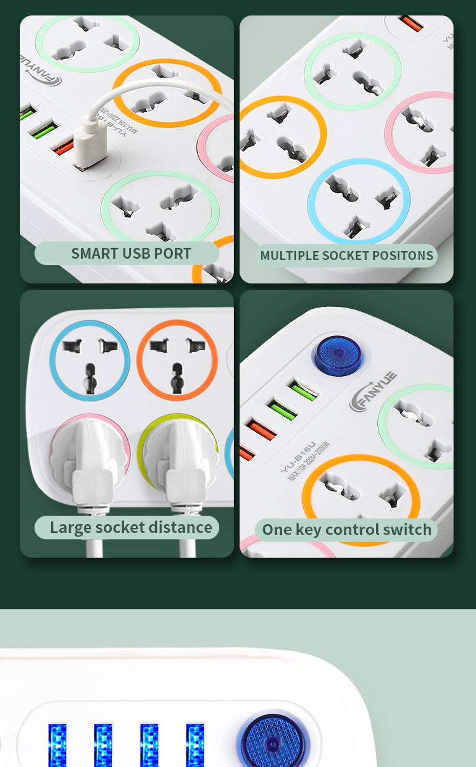 FERVIK Power Plate 2500W 4+6 Socket Extension Board, White, 2m, 4USB - Image 4