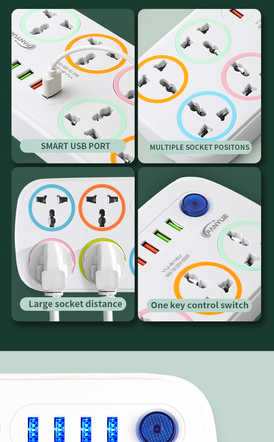 Image of FERVIK Power Plate 2500W 4+6 Socket Extension Boards (White, 2m, 4USB Port) 6 Socket Extension Boards