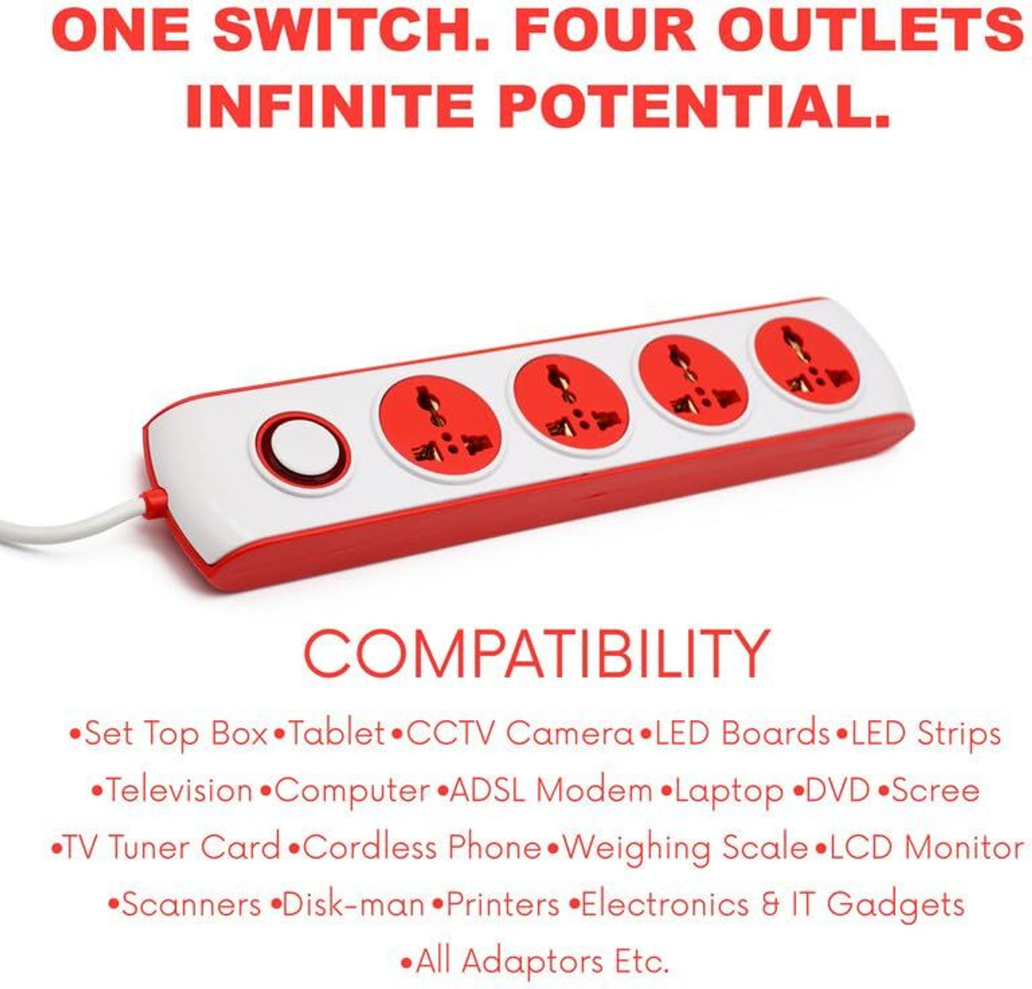 Image of DigiPrints Heavy-Duty 4-Way Extension Board with Surge Protection & Sockets (Red & White) 4 Socket Extension Boards