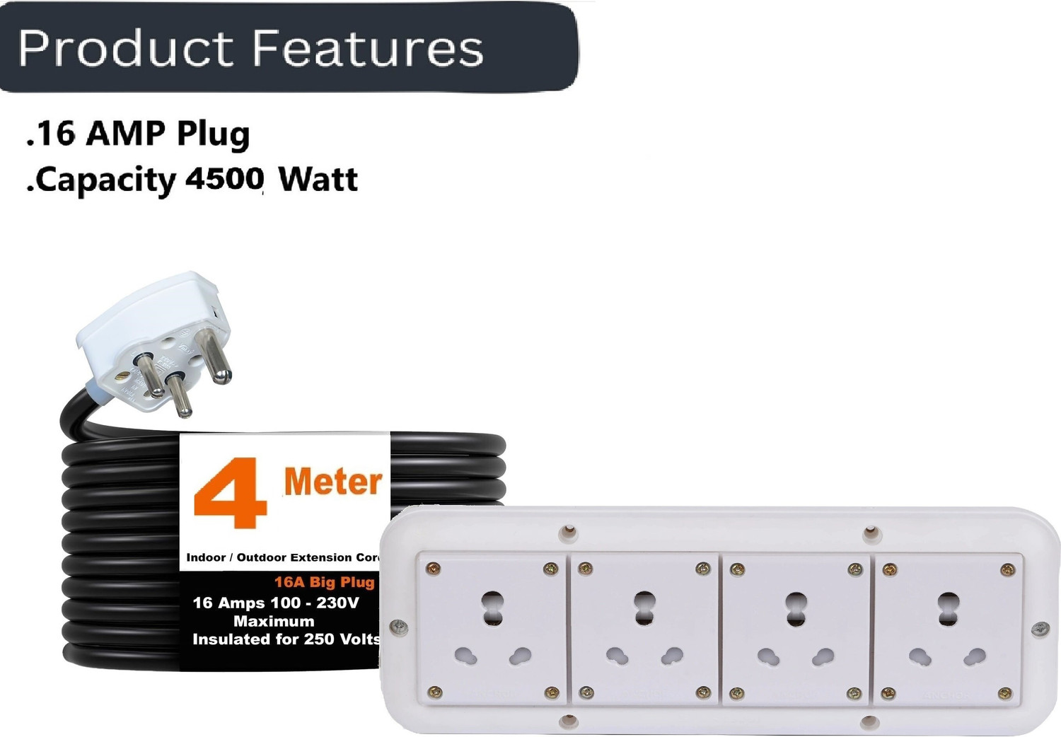 Image of JELECTRICALS Power Extension Cord 6A /16A Universal Socket, 2.5mm 3-Core Heavy Duty 4 Socket Extension Boards
