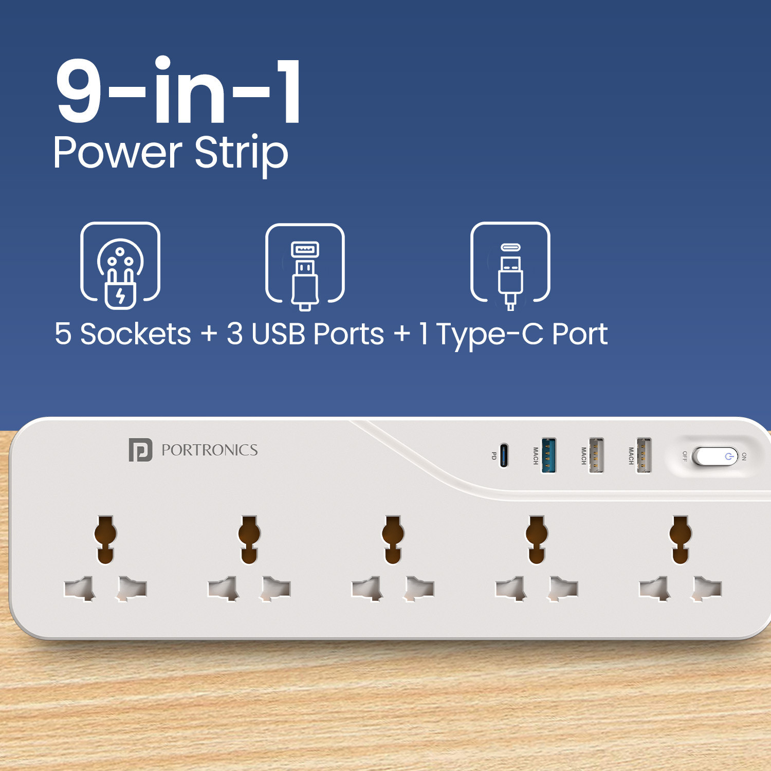 Image of Portronics Power Plate 22 Multi Plug, 5 Sockets, 20W Type-C, 3 USB Ports, 3m Cord, 5 Socket Extension Boards
