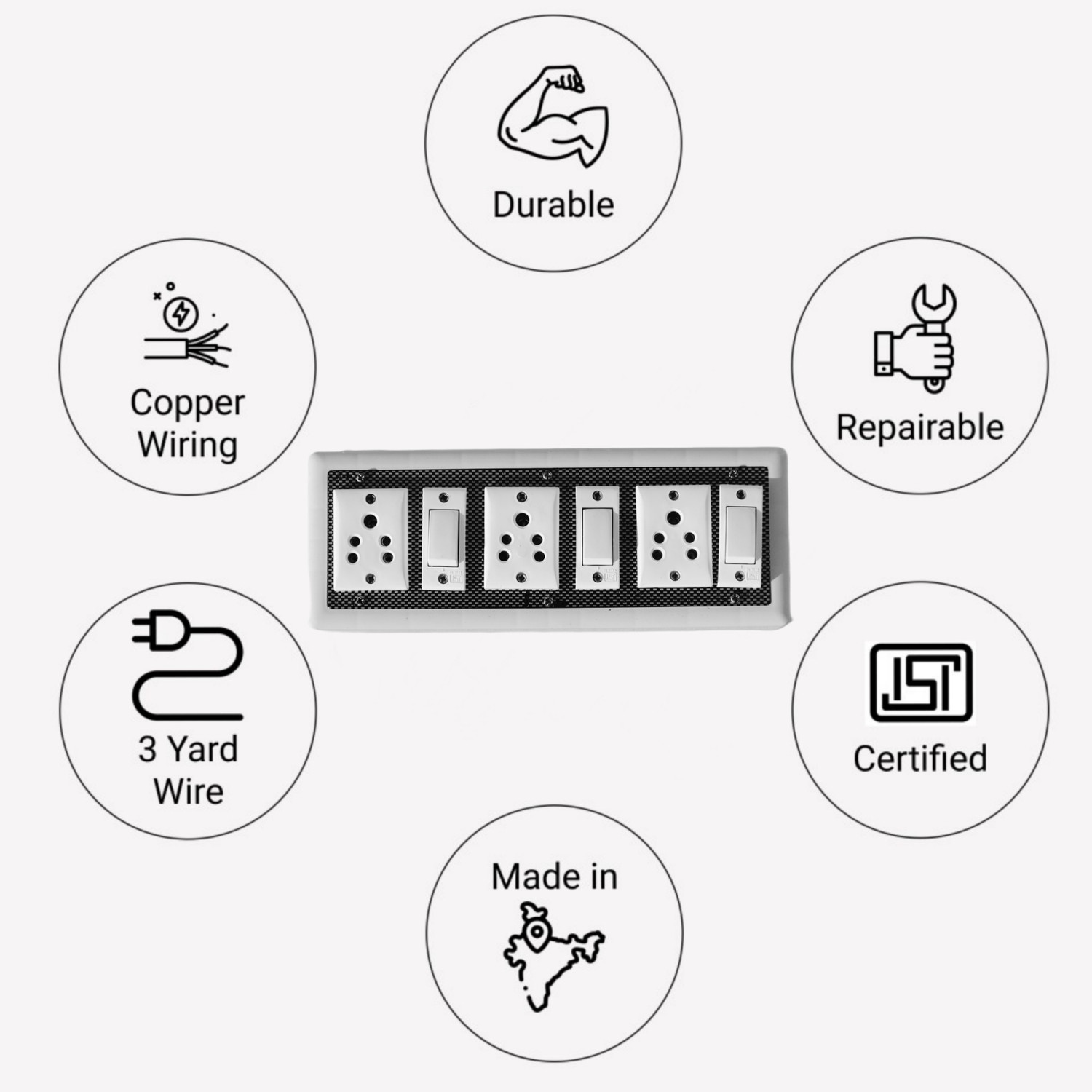 Image of KHOPALA 3 Socket & 3 Switch Board with 3 Yard wire 3 Socket Extension Boards
