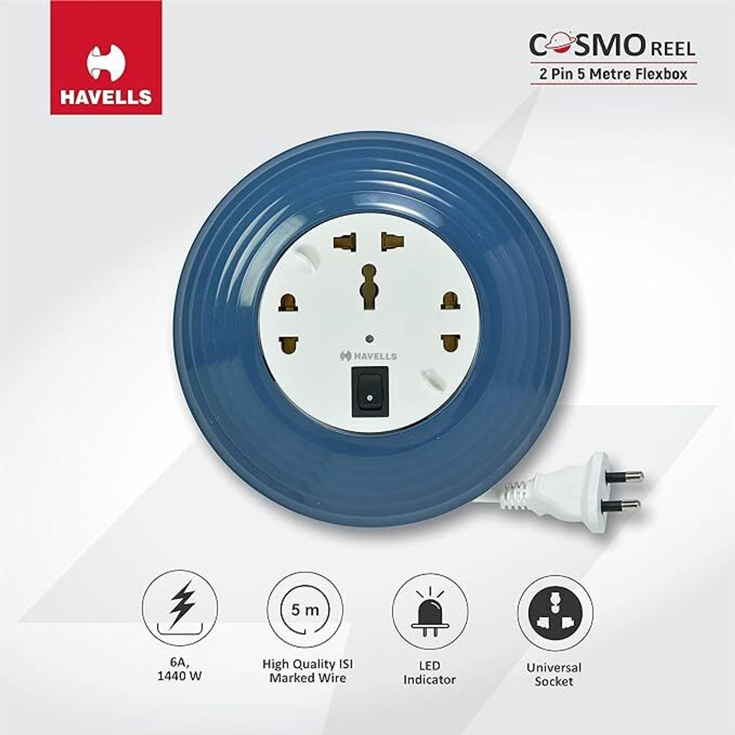 HAVELLS Cosmo Reel 2 Pin 5 Metre Flexbox 3 Socket Extension Boards