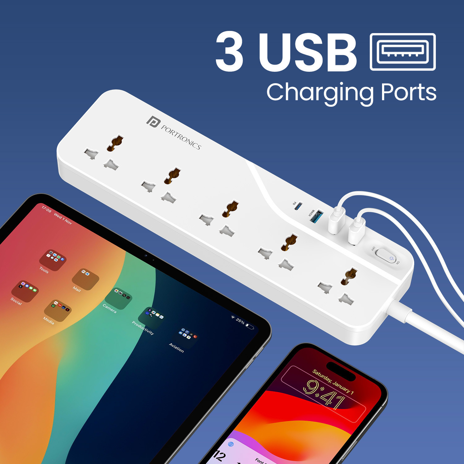 Image of Portronics Power Plate 22 Multi Plug, 5 Sockets, 20W Type-C, 3 USB Ports, 3m Cord, 5 Socket Extension Boards