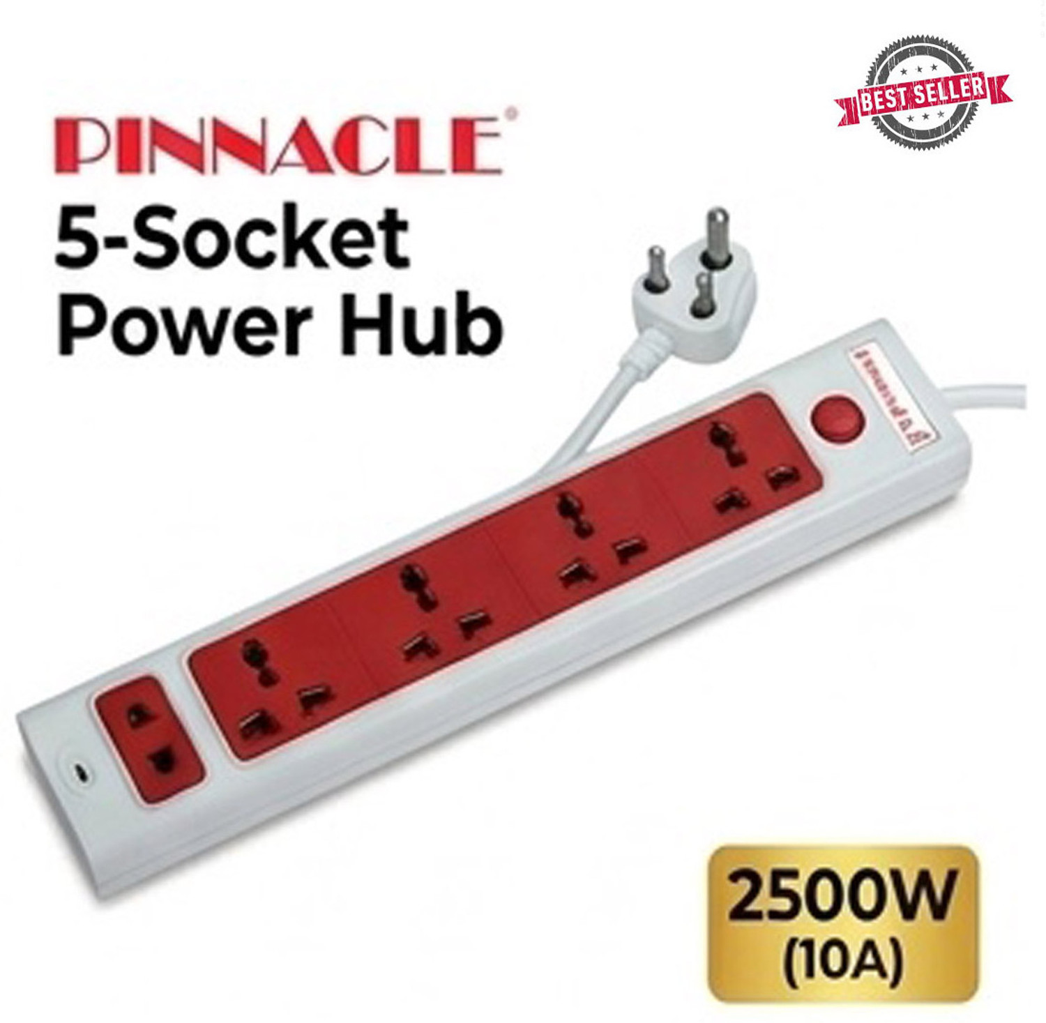 Image of PINNACLE 5 Socket, 2500W 10A, 2 Metre Heavy Duty Copper Wire Cord, Surge protector 5 Socket Extension Boards (Red, White, 2 m)