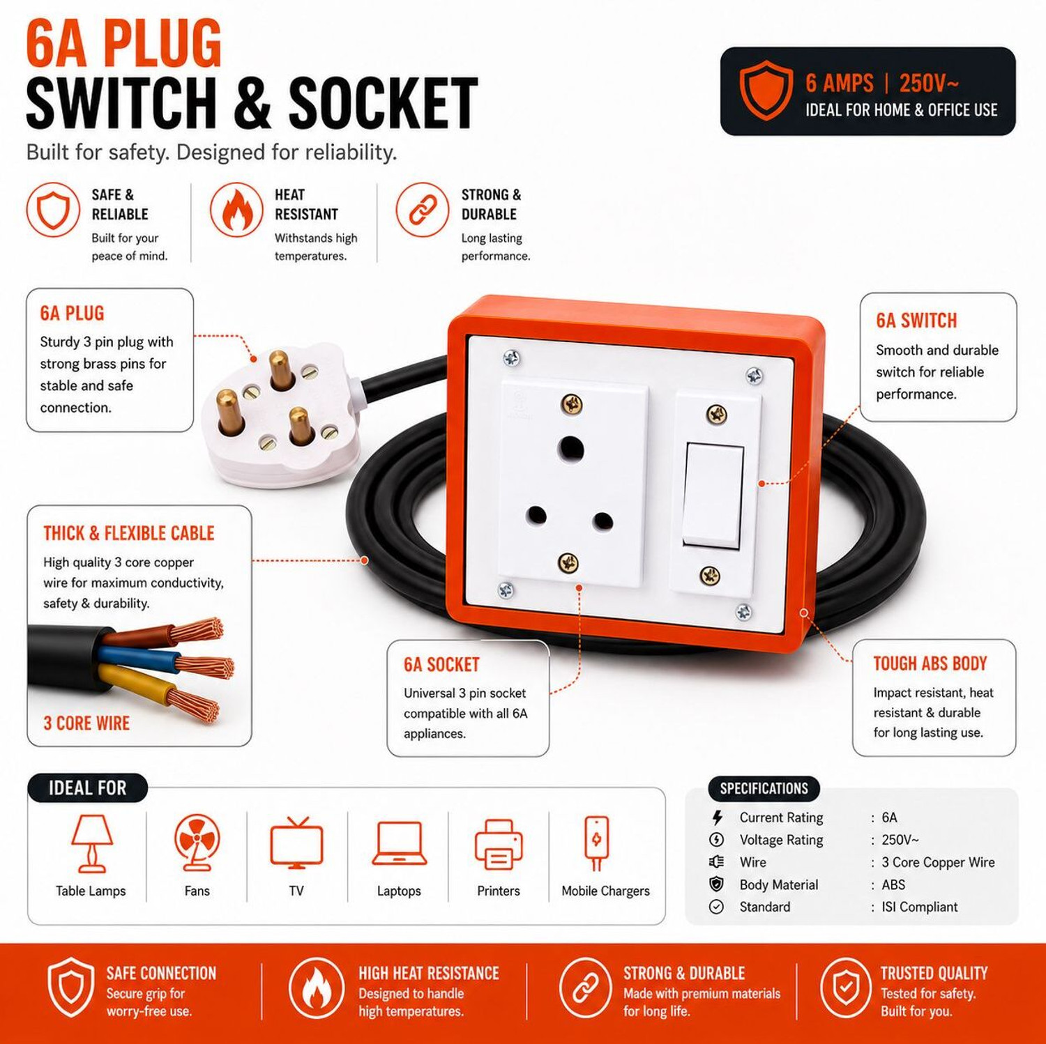 Image of Extocord Heavy Duty Extension Board One Socket One Switch 1500W 2 Meter 3 Core Cable 1 Socket Extension Boards