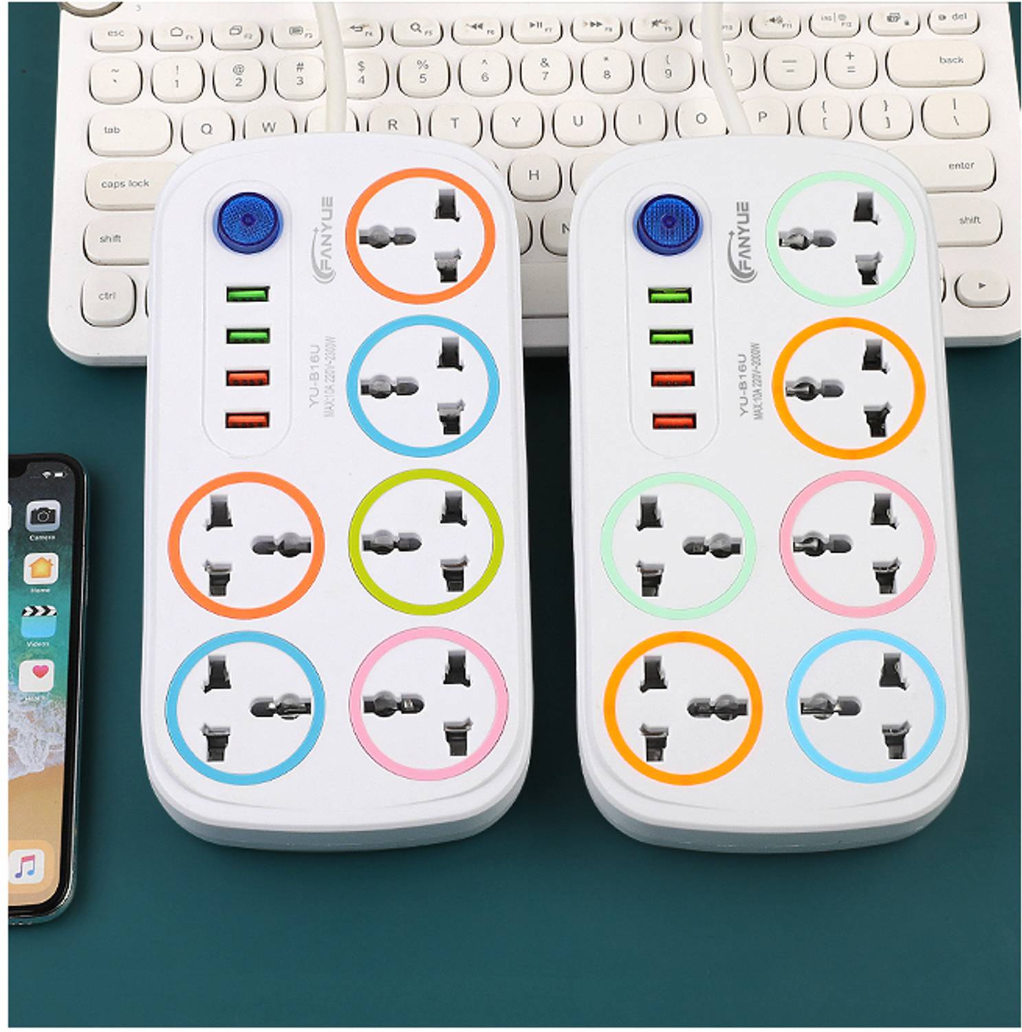FERVIK Power Plate 2500W 4+6 Socket Extension Board, White, 2m, 4USB - Image 5