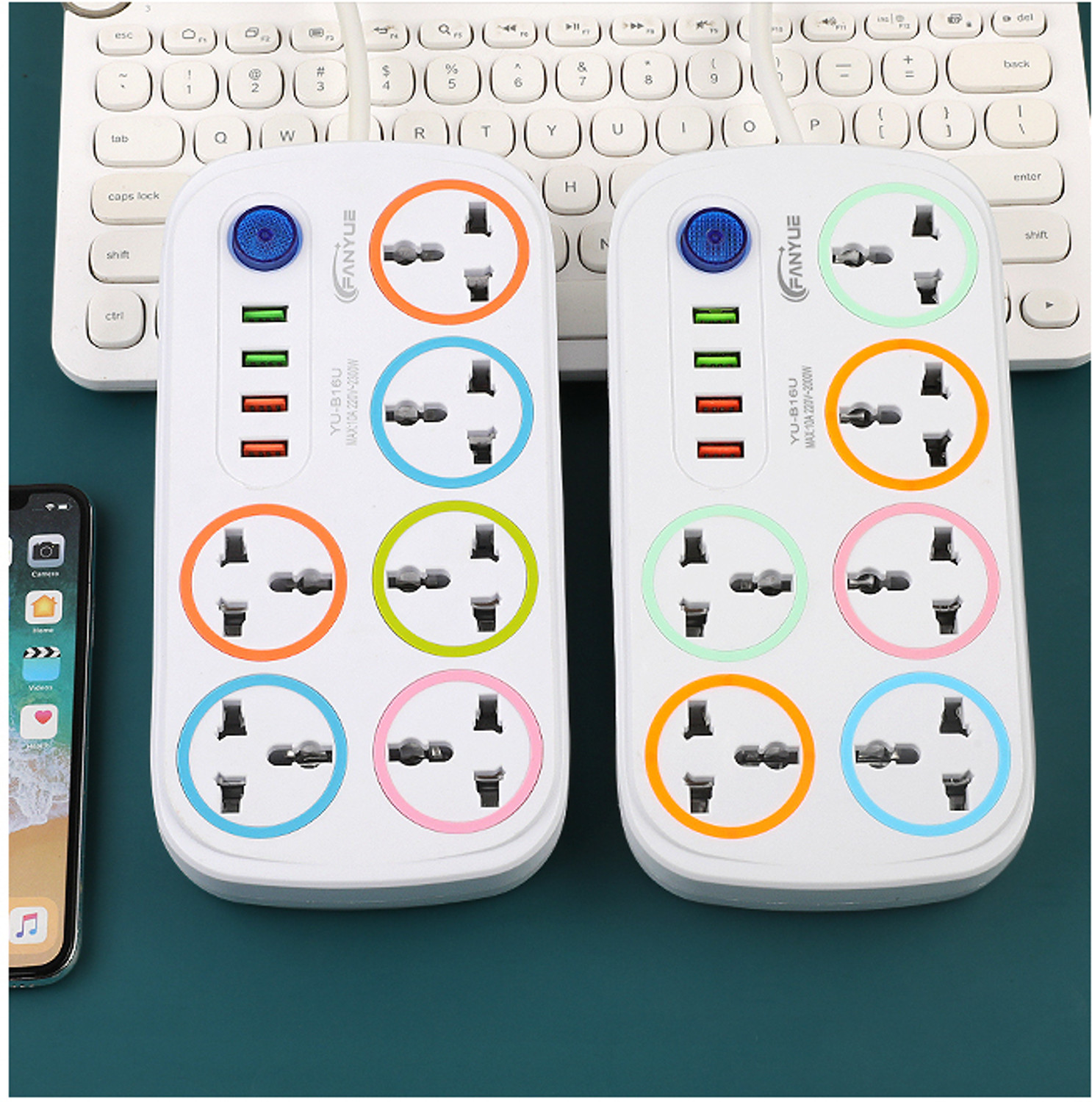 Image of FERVIK Power Plate 2500W 4+6 Socket Extension Boards (White, 2m, 4USB Port) 6 Socket Extension Boards
