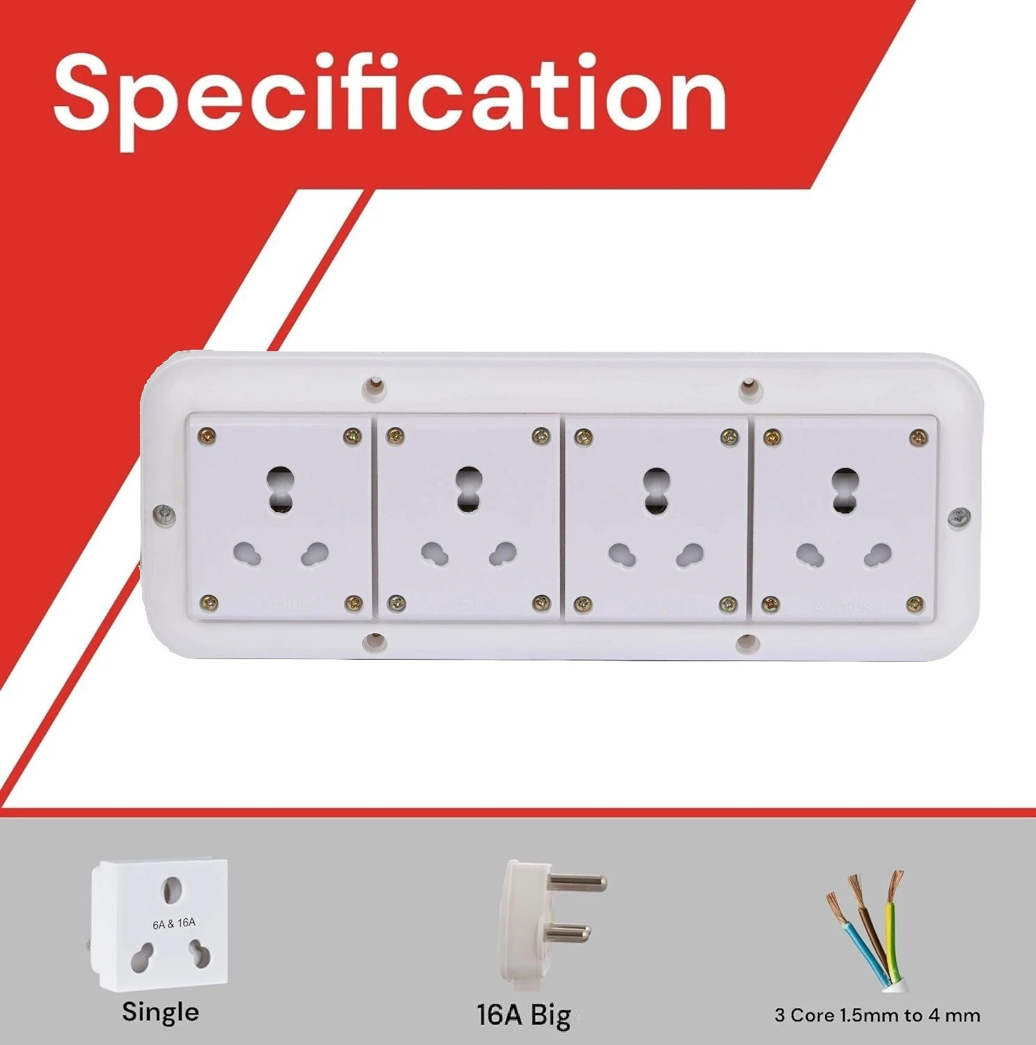 Image of JELECTRICALS Power Extension Cord 6A /16A Universal Socket, .75mm 3-Core Heavy Duty 4 Socket Extension Boards