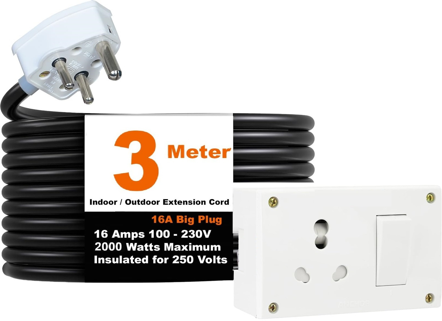 Image of JELECTRICALS Premium Extension Board For Heavy Duty (2000W) 220 Volts With 3 Meter 1 Socket Extension Boards