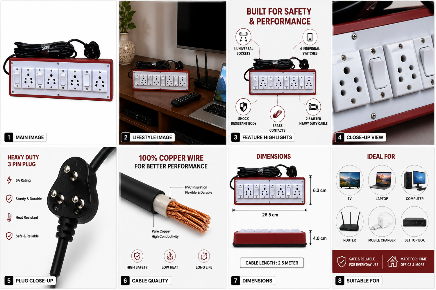 Image of sstreadingco Extension Board 6 amp 4 Socket Extension Boards