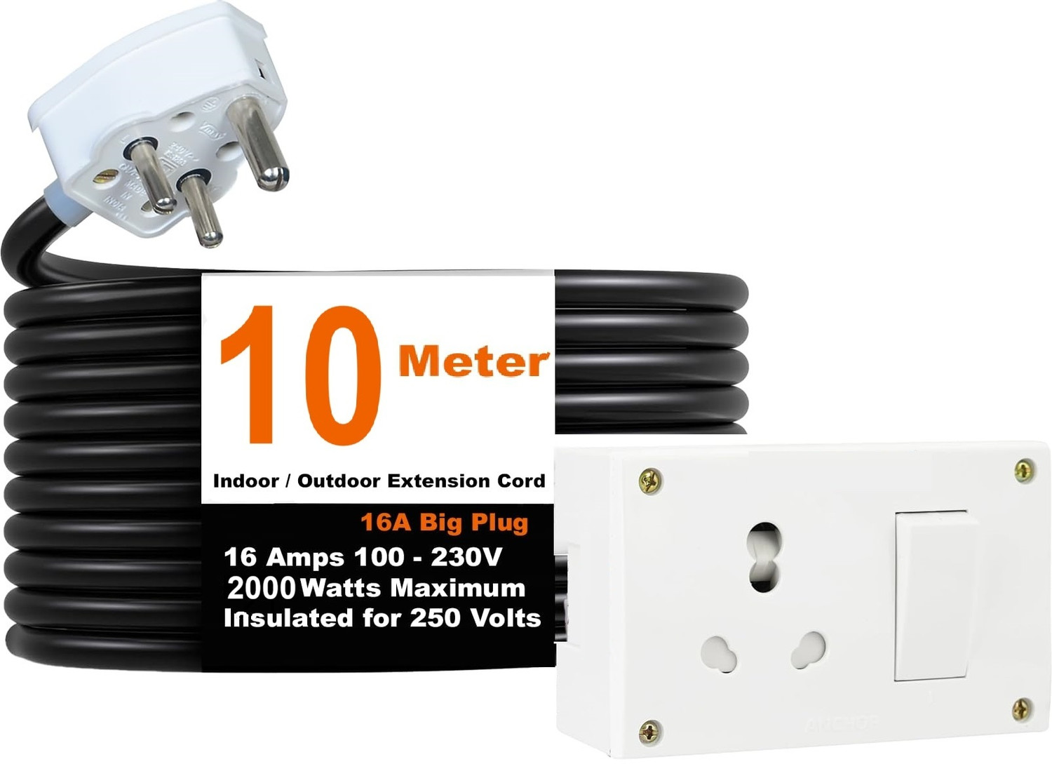 Image of JELECTRICALS Premium Extension Board For Heavy Duty (2000W) 220 Volts With 10 Meter 1 Socket Extension Boards