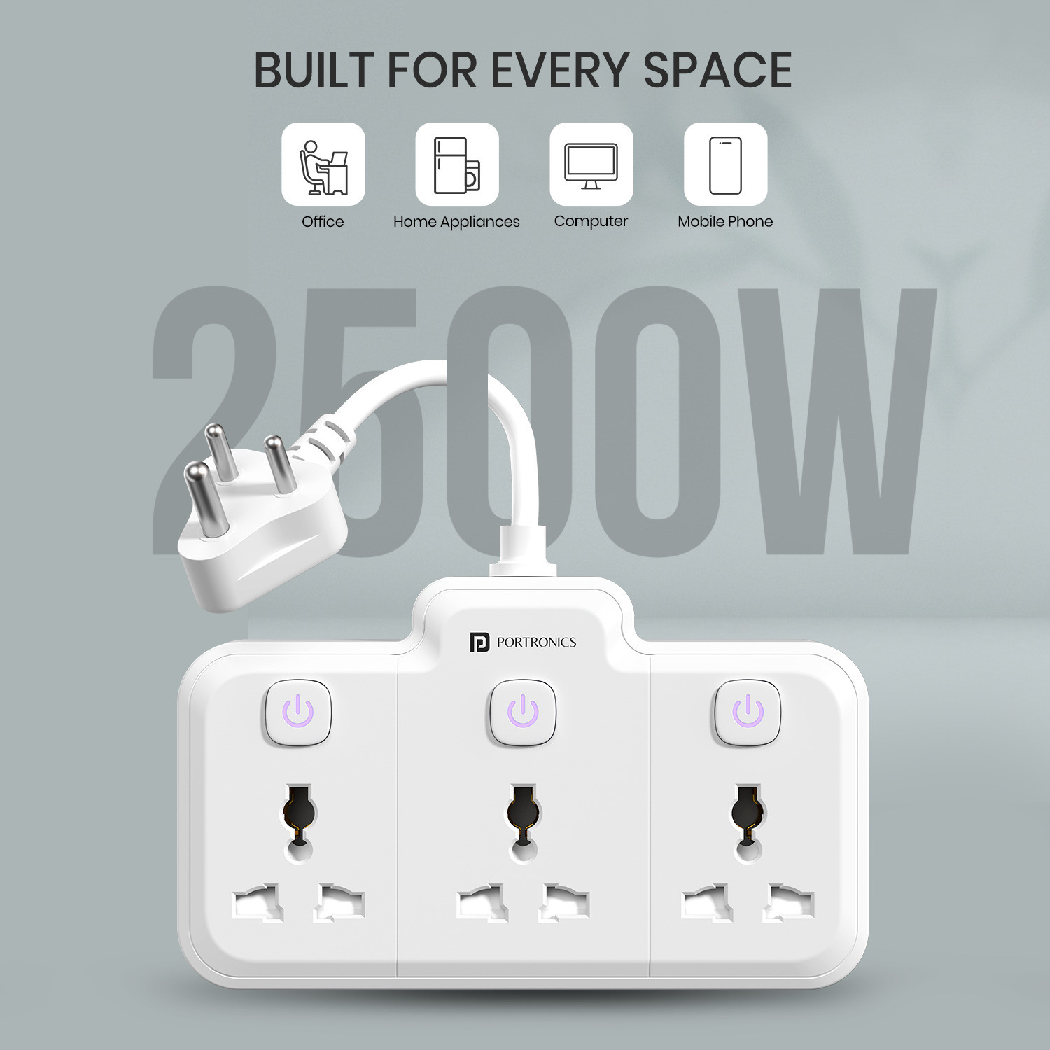 Image of Portronics Power Plate Nano, 3-in-1 Power Extender with Individual Switches & Flexible Cord 3 Socket Extension Boards