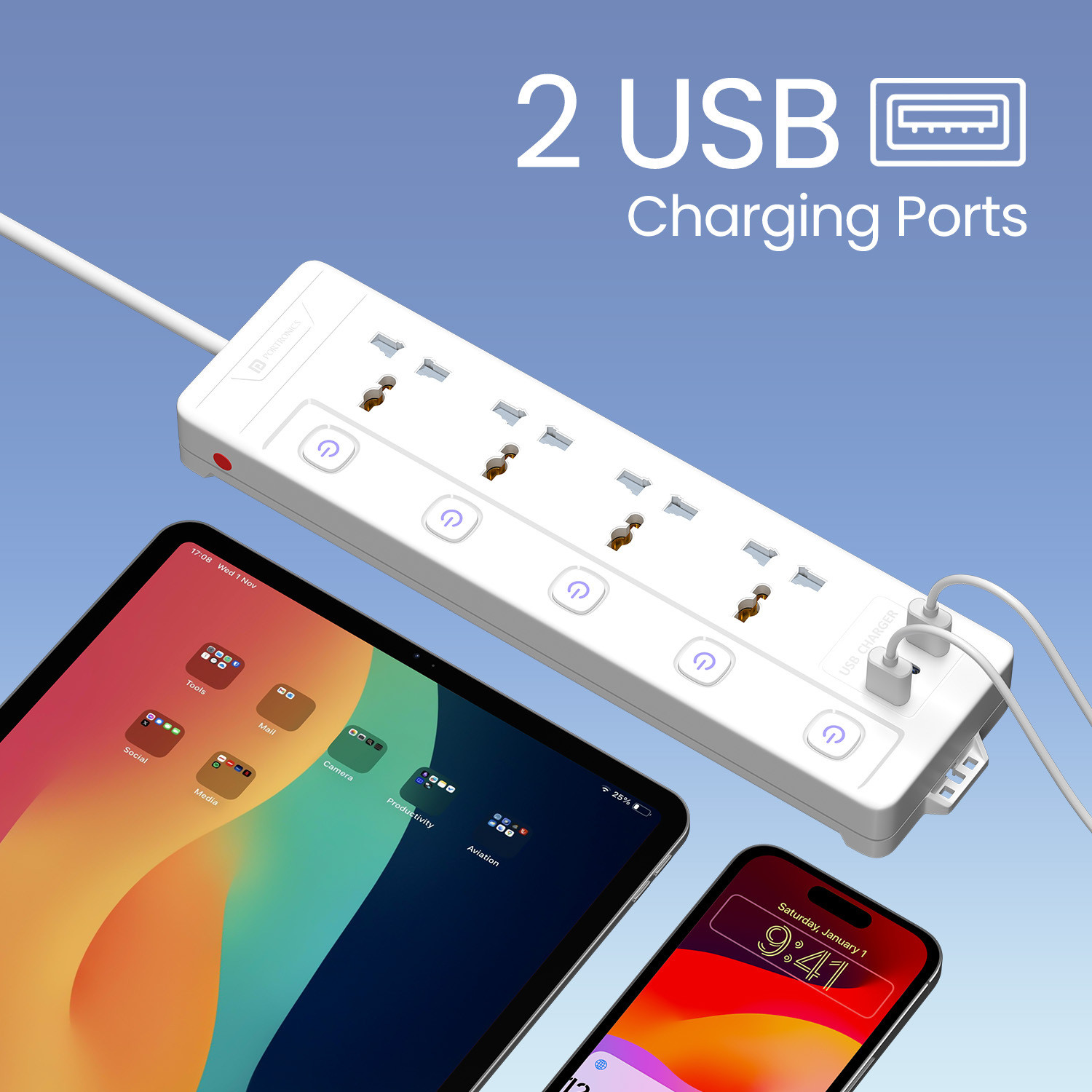 Image of Portronics Power Plate 19 Multi Plug, 4 Sockets, 20W Type-C, 2 USB Ports, 3m Cord 4 Socket Extension Boards