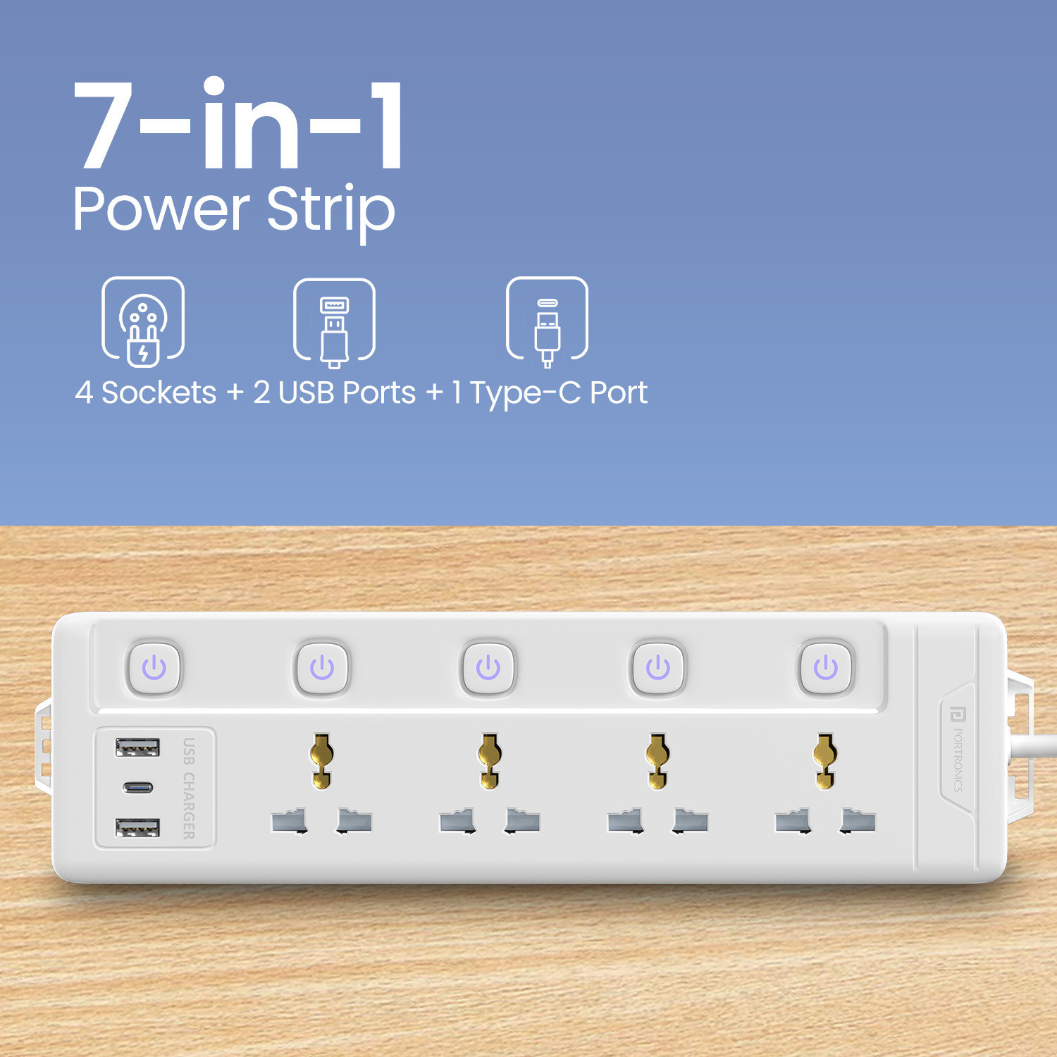 Image of Portronics Power Plate 19 Multi Plug, 4 Sockets, 20W Type-C, 2 USB Ports, 3m Cord 4 Socket Extension Boards