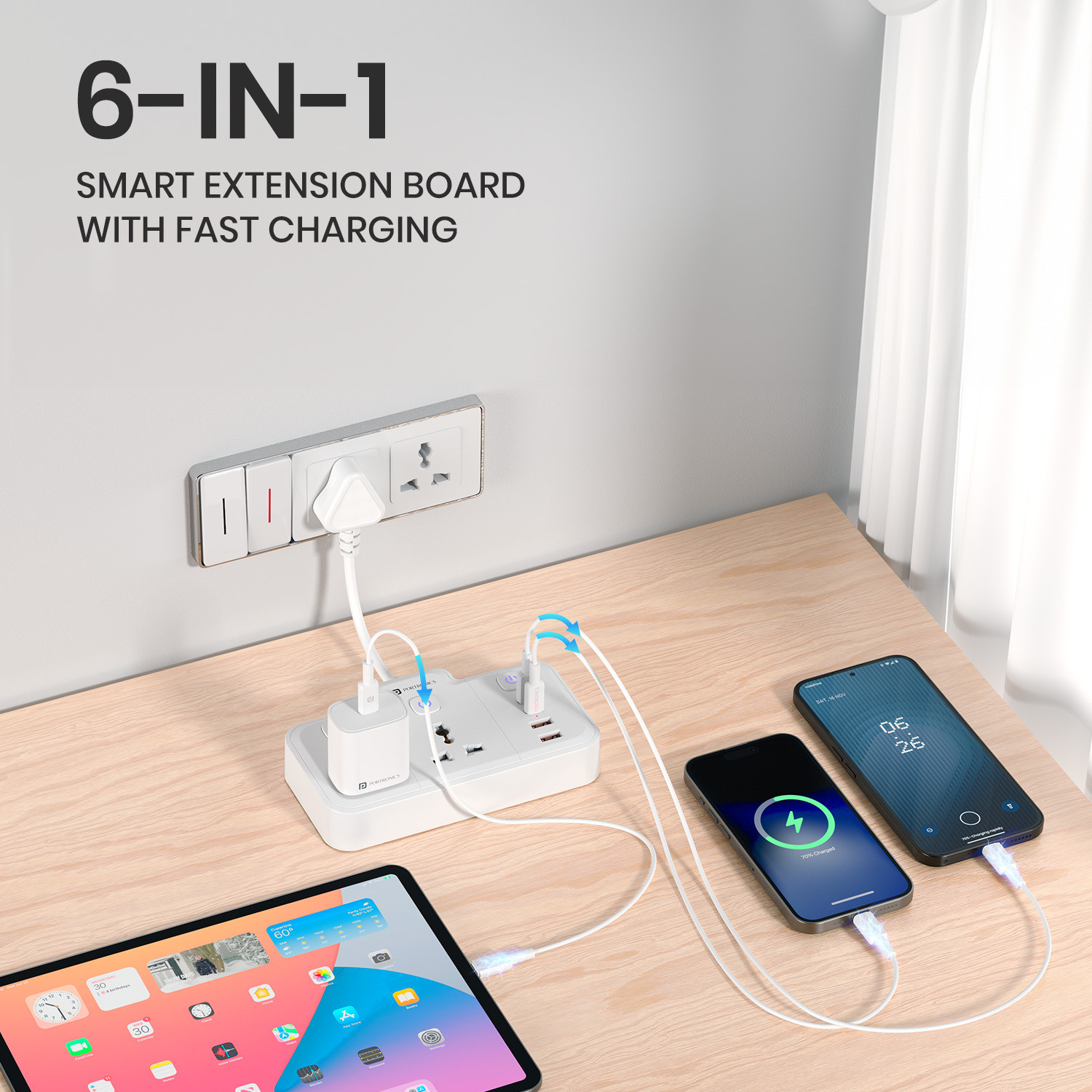 Image of Portronics Power Plate Plus, 6-in-1 Power Extender with Individual Switches & Flexible Cord 2 Socket Extension Boards